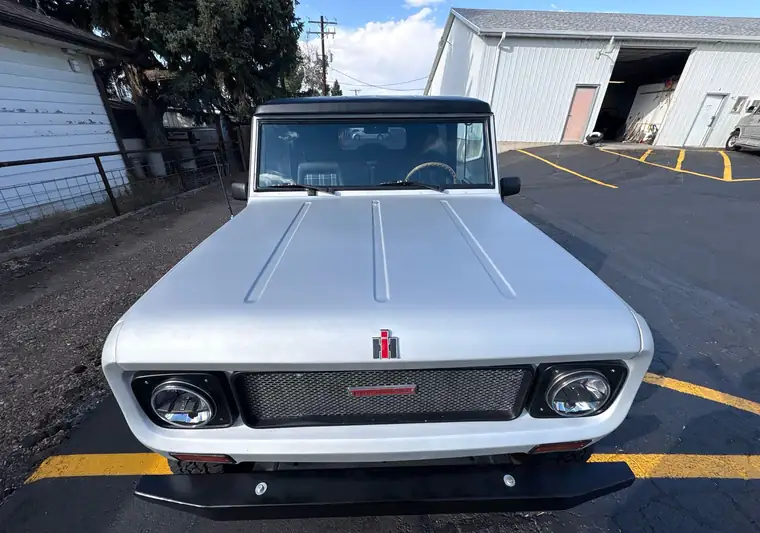 White 1970 International Scout seen from the front at pickup in Greeley, Colorado
