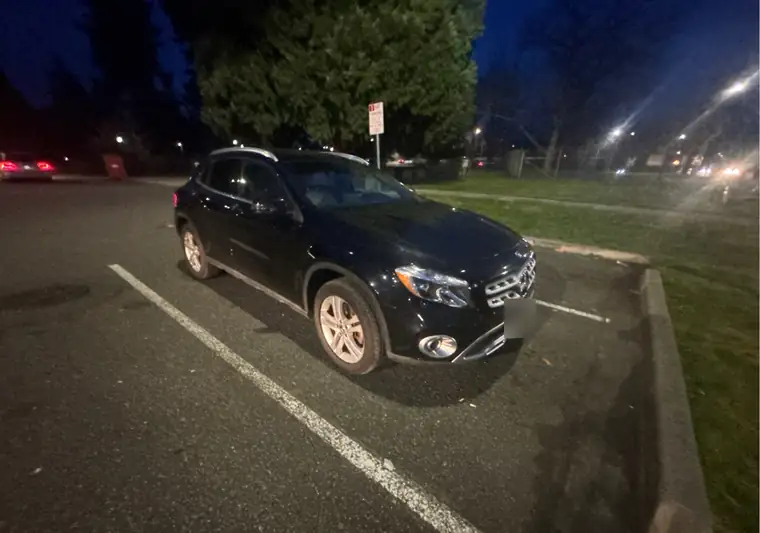 The same Mercedes-Benz GLA in a parking lot at delivery near Joint Base Lewis-McChord, Washington
