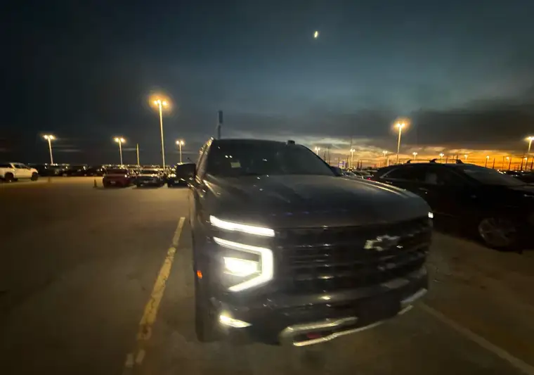 The same Tahoe at dusk at delivery in Hutto, Texas