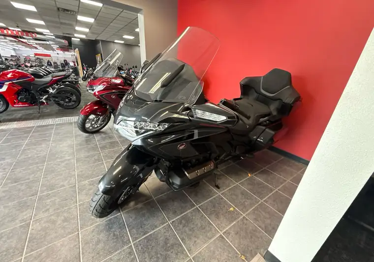 Black 2026 Honda Gold Wing motorcycle in a powersports showroom in Mason City, Iowa