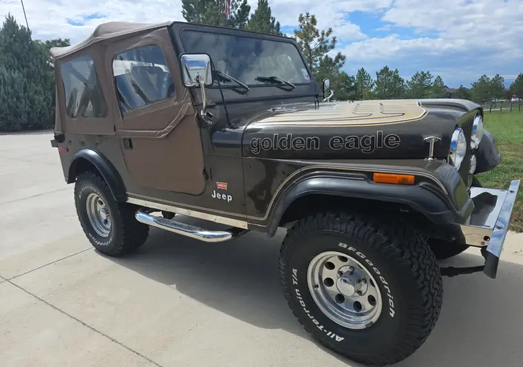 The same Jeep CJ-7 Golden Eagle on a driveway at delivery in Severance, Colorado