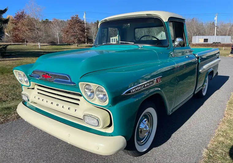 The same 1959 Apache on a paved drive at delivery in Blue Hill, Maine