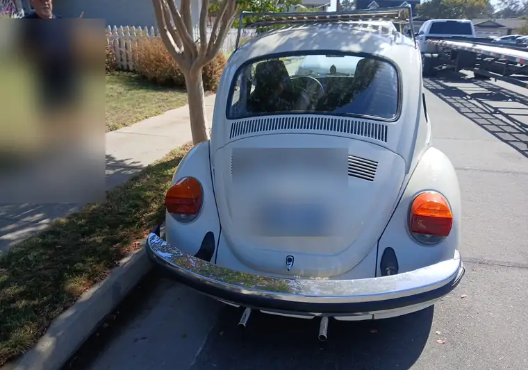 The same Beetle parked on a street at delivery in Santa Cruz, California