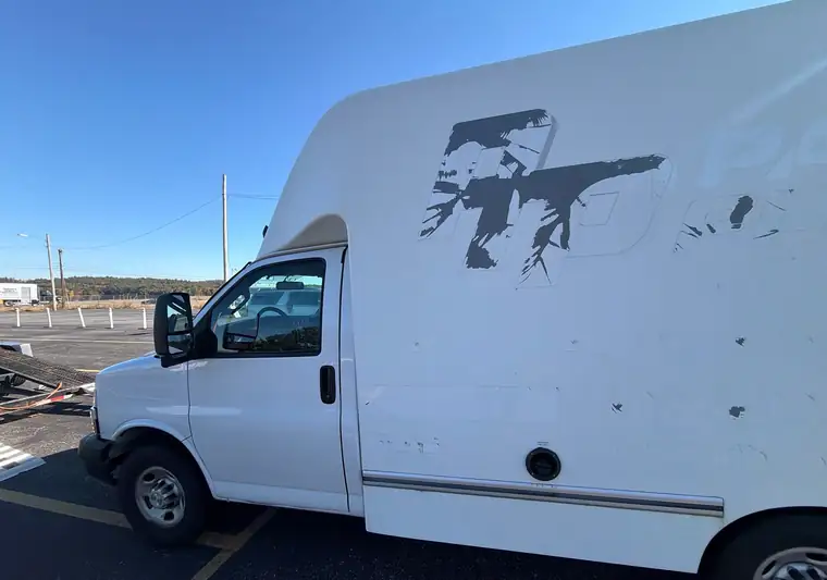 White 2020 Chevrolet Express 3500 cutaway box van at pickup in Londonderry, New Hampshire