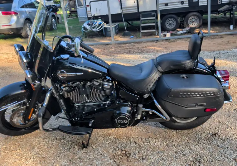 The same Harley-Davidson on a gravel driveway at delivery in Palestine, Texas