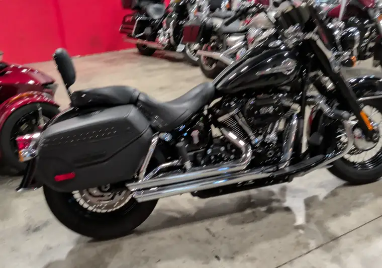 Black 2019 Harley-Davidson Heritage Softail motorcycle at a motorcycle dealer in Columbus, Ohio at pickup