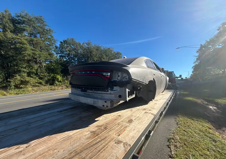 The same Charger loaded on a flatbed at delivery in Lyman, South Carolina