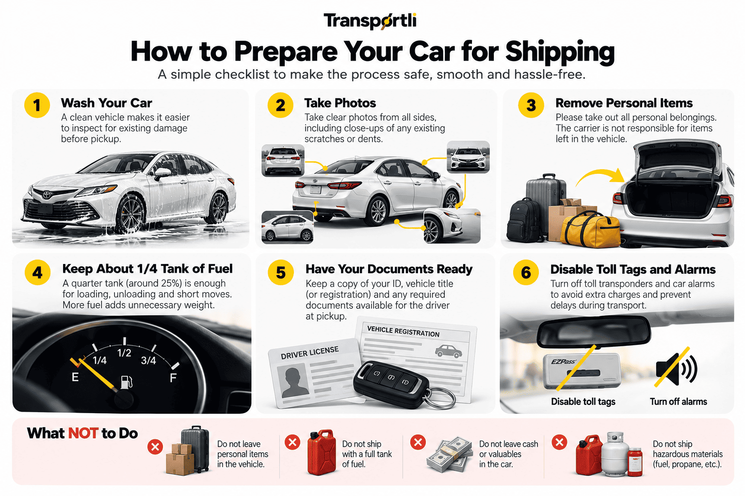 How to prepare your car for shipping checklist: wash your car, take photos, remove personal items, keep about 1/4 tank of fuel, have your documents ready, disable toll tags and alarms