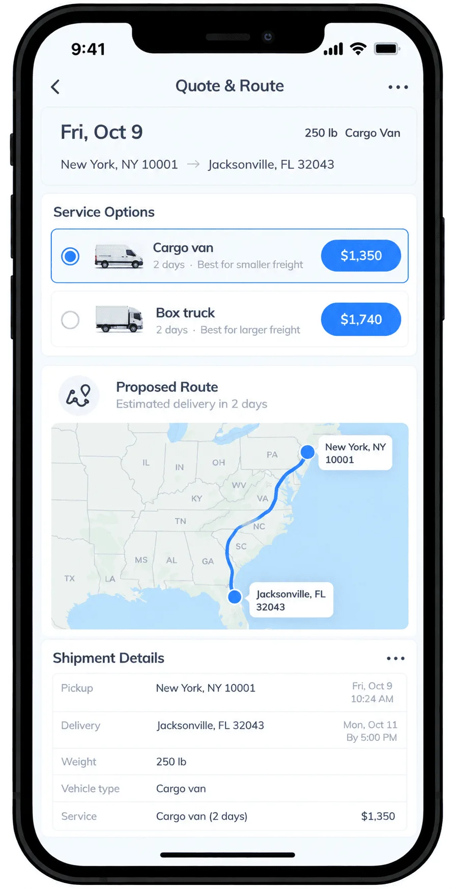 Phone screenshot of a Transportli quote for 250 lb from New York, NY 10001 to Jacksonville, FL 32043: cargo van $1,350 and box truck $1,740, each estimated at 2 days, with the proposed route on a map
