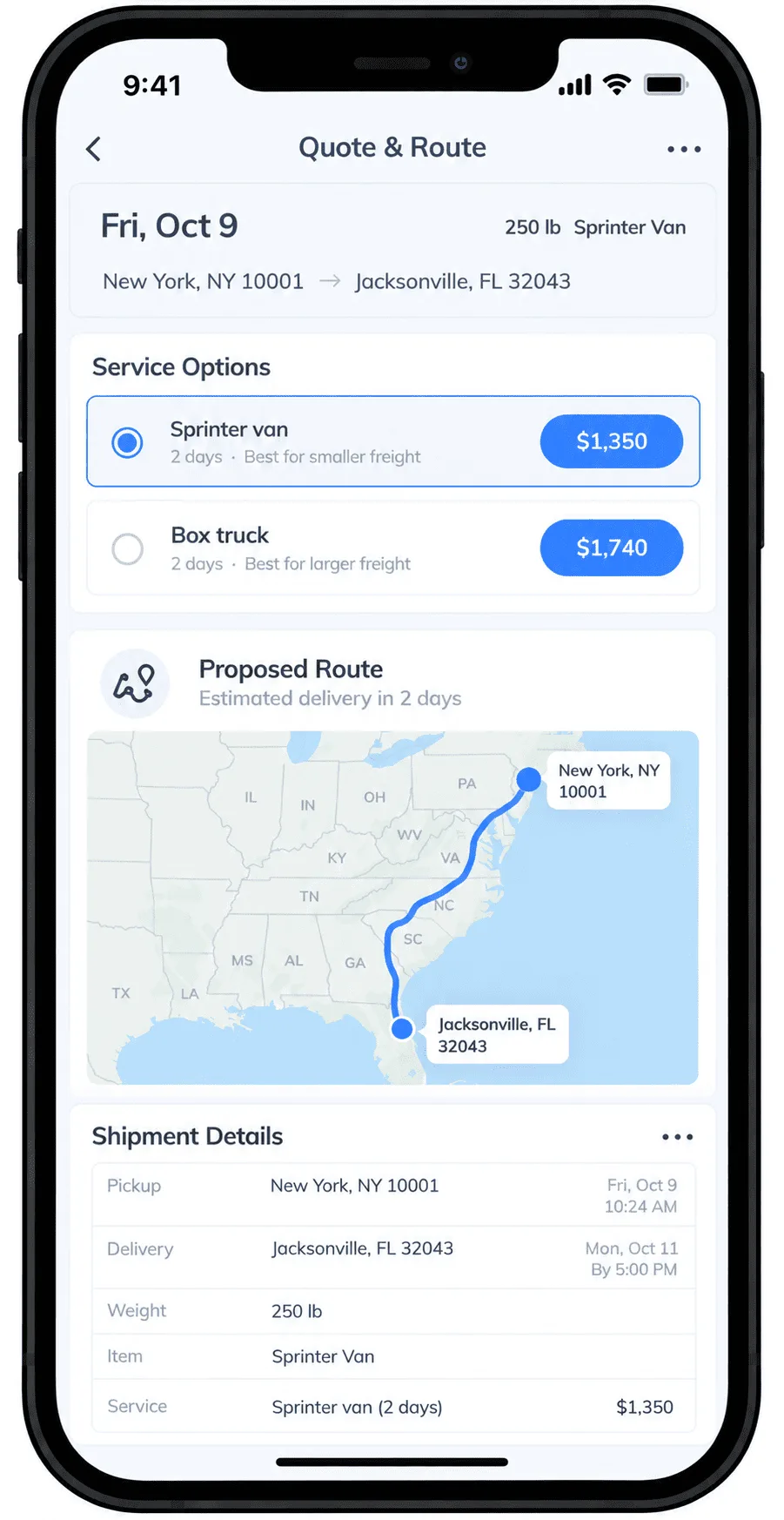Phone screenshot of a Transportli quote for 250 lb from New York, NY 10001 to Jacksonville, FL 32043: Sprinter van $1,350 and box truck $1,740, each estimated at 2 days, with the proposed route on a map