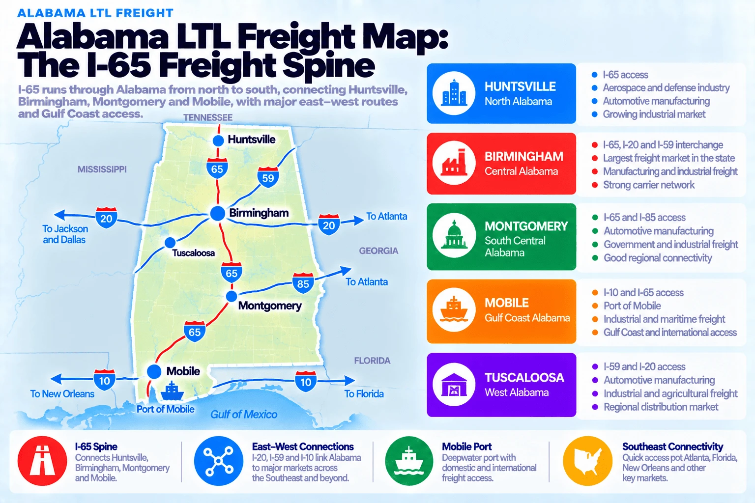 Alabama LTL freight map, the I-65 freight spine: I-65 runs through Alabama from north to south, connecting Huntsville, Birmingham, Montgomery, and Mobile, with major east-west routes and Gulf Coast access. Huntsville, North Alabama, has I-65 access, the aerospace and defense industry, automotive manufacturing, and a growing industrial market. Birmingham, Central Alabama, has the I-65, I-20, and I-59 interchange, the largest freight market in the state, manufacturing and industrial freight, and a strong carrier network. Montgomery, South Central Alabama, has I-65 and I-85 access, automotive manufacturing, government and industrial freight, and good regional connectivity. Mobile, Gulf Coast Alabama, has I-10 and I-65 access, the Port of Mobile, industrial and maritime freight, and Gulf Coast and international access. Tuscaloosa, West Alabama, has I-59 and I-20 access, automotive manufacturing, industrial and agricultural freight, and a regional distribution market. Major routes: the I-65 spine connects Huntsville, Birmingham, Montgomery, and Mobile; east-west connections via I-20, I-59, and I-10 link Alabama to major markets across the Southeast and beyond; the Mobile Port is a deepwater port with domestic and international freight access; and Southeast connectivity provides quick access to Atlanta, Florida, New Orleans, and other key markets.