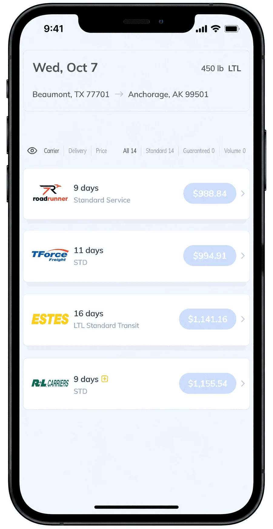 Real Transportli quote results for a 450 lb LTL shipment from Beaumont, TX to Anchorage, AK, showing Roadrunner Freight at $988.84 (9 days), TForce Freight at $994.91 (11 days), Estes at $1,141.16 (16 days) and R+L Carriers at $1,155.54 (9 days), out of 14 total carrier options.