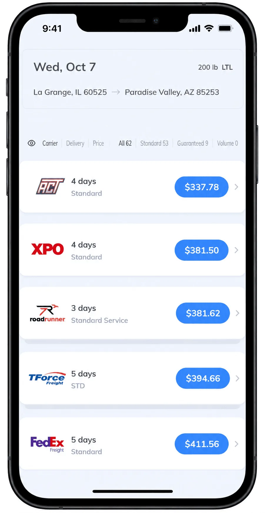 Real Transportli quote results for a 200 lb LTL shipment from La Grange, IL to Paradise Valley, AZ, showing AAA Cooper Transportation at $337.78 (4 days), XPO at $381.50 (4 days), Roadrunner Freight at $381.62 (3 days), TForce Freight at $394.66 (5 days), and FedEx Freight at $411.56 (5 days), out of 62 total carrier options.