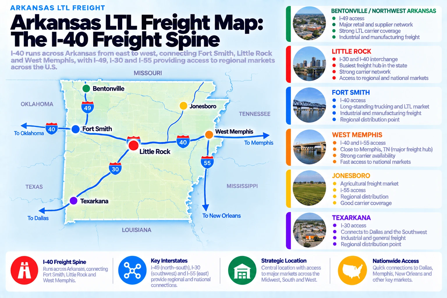 Arkansas LTL freight map, the I-40 freight spine: I-40 runs across Arkansas from east to west, connecting Fort Smith, Little Rock, and West Memphis, with I-49, I-30, and I-55 providing access to regional markets across the U.S. Bentonville and Northwest Arkansas has I-49 access, a major retail and supplier network, strong LTL carrier coverage, and industrial and manufacturing freight. Little Rock has the I-30 and I-40 interchange, the busiest freight hub in the state, a strong carrier network, and access to regional and national markets. Fort Smith has I-40 access, a long-standing trucking and LTL market, industrial and manufacturing freight, and a regional distribution point. West Memphis has I-40 and I-55 access, is close to Memphis, Tennessee, a major freight hub, strong carrier availability, and fast access to national markets. Jonesboro has an agricultural freight market, I-55 access, regional distribution, and good carrier coverage. Texarkana has I-30 access, connects to Dallas and the Southwest, industrial and general freight, and a regional distribution point. The I-40 freight spine runs across Arkansas, connecting Fort Smith, Little Rock, and West Memphis; key interstates I-49, I-30, and I-55 provide regional and national connections; Arkansas has a strategic central location with access to major markets across the Midwest, South, and West; and nationwide access provides quick connections to Dallas, Memphis, New Orleans, and other key markets.