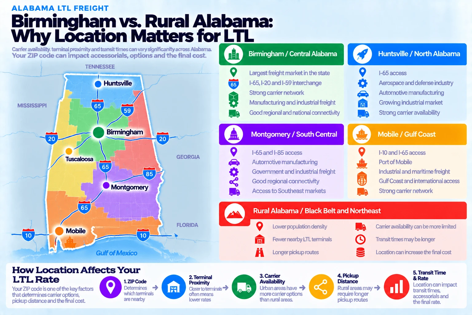 Birmingham vs rural Alabama, why location matters for LTL: Birmingham and Central Alabama has the largest freight market in the state, the I-65, I-20, and I-59 interchange, a strong carrier network, manufacturing and industrial freight, and good regional and national connectivity; Huntsville and North Alabama has I-65 access, the aerospace and defense industry, automotive manufacturing, a growing industrial market, and strong carrier availability; Montgomery and South Central Alabama has I-65 and I-85 access, automotive manufacturing, government and industrial freight, good regional connectivity, and access to Southeast markets; Mobile and the Gulf Coast has I-10 and I-65 access, the Port of Mobile, industrial and maritime freight, Gulf Coast and international access, and a strong carrier network; and Rural Alabama, the Black Belt and Northeast, has lower population density, fewer nearby LTL terminals, longer pickup routes, carrier availability that can be more limited, transit times that may be longer, and a location that can increase the final cost. How location affects your LTL rate: your ZIP code is one of the key factors that determines carrier options, pickup distance, and the final cost; terminal proximity means closer to terminals often means lower rates; carrier availability means urban areas have more carrier options than rural areas; pickup distance means rural areas may require longer pickup routes; and transit time and rate means location can impact transit times, accessorials, and the final rate.