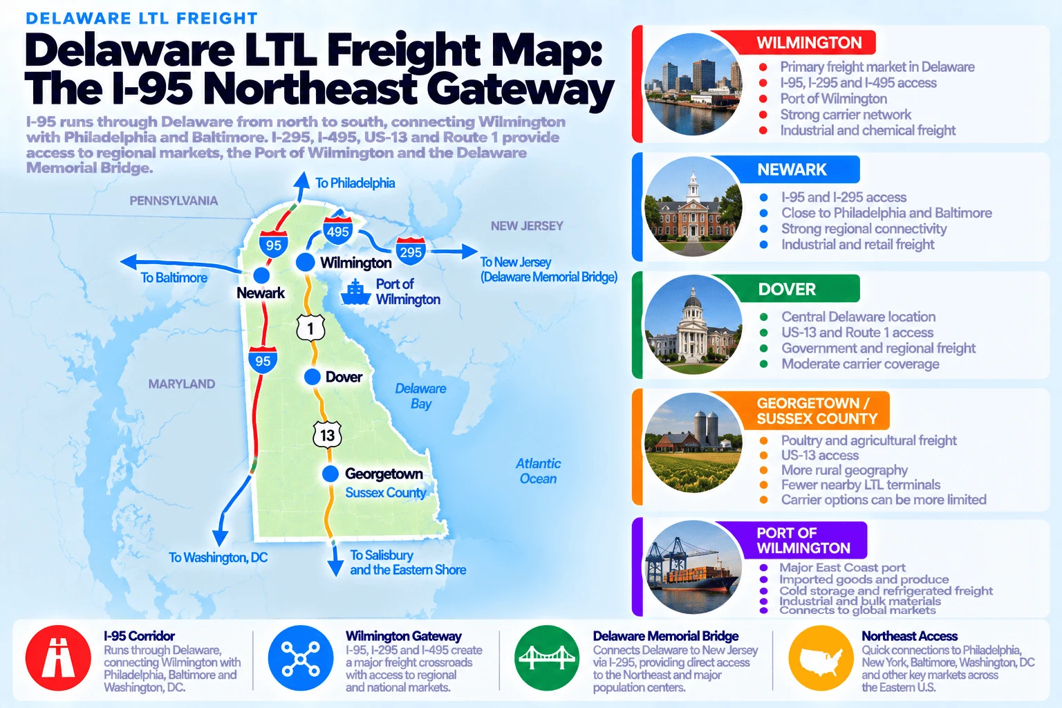 Delaware LTL freight map, the I-95 Northeast Gateway: I-95 runs through Delaware from north to south, connecting Wilmington with Philadelphia and Baltimore. I-295, I-495, US-13 and Route 1 provide access to regional markets, the Port of Wilmington, and the Delaware Memorial Bridge. Wilmington is the primary freight market in Delaware, with I-95, I-295, and I-495 access, the Port of Wilmington, a strong carrier network, and industrial and chemical freight. Newark has I-95 and I-295 access, is close to Philadelphia and Baltimore, has strong regional connectivity, and industrial and retail freight. Dover has a central Delaware location, US-13 and Route 1 access, government and regional freight, and moderate carrier coverage. Georgetown and Sussex County have poultry and agricultural freight, US-13 access, more rural geography, fewer nearby LTL terminals, and carrier options that can be more limited. The Port of Wilmington is a major East Coast port handling imported goods and produce, cold storage and refrigerated freight, industrial and bulk materials, and connects to global markets. The I-95 corridor runs through Delaware, connecting Wilmington with Philadelphia, Baltimore, and Washington, DC; the Wilmington gateway, where I-95, I-295, and I-495 meet, creates a major freight crossroads with access to regional and national markets; the Delaware Memorial Bridge connects Delaware to New Jersey via I-295, providing direct access to the Northeast and major population centers; and Northeast access provides quick connections to Philadelphia, New York, Baltimore, Washington DC, and other key markets across the Eastern U.S.