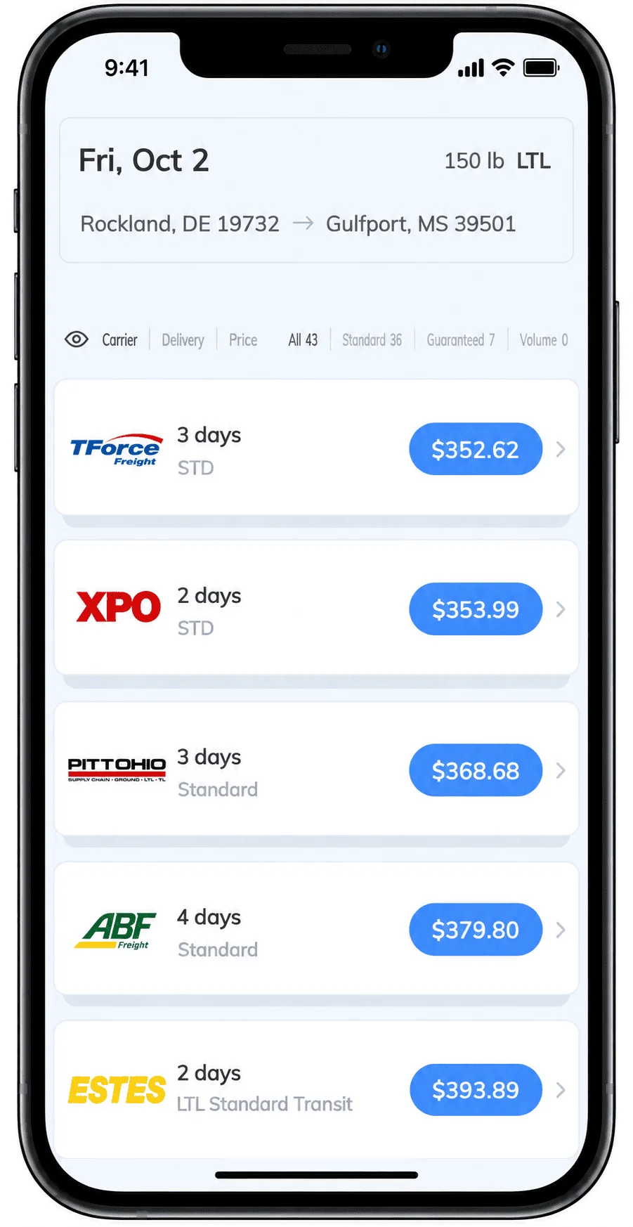 Real Transportli quote results for a 150 lb LTL shipment from Rockland, DE to Gulfport, MS, showing TForce Freight at $352.62 (3 days), XPO at $353.99 (2 days), Pitt Ohio at $368.68 (3 days), ABF Freight at $379.80 (4 days), and Estes at $393.89 (2 days), out of 43 total carrier options.