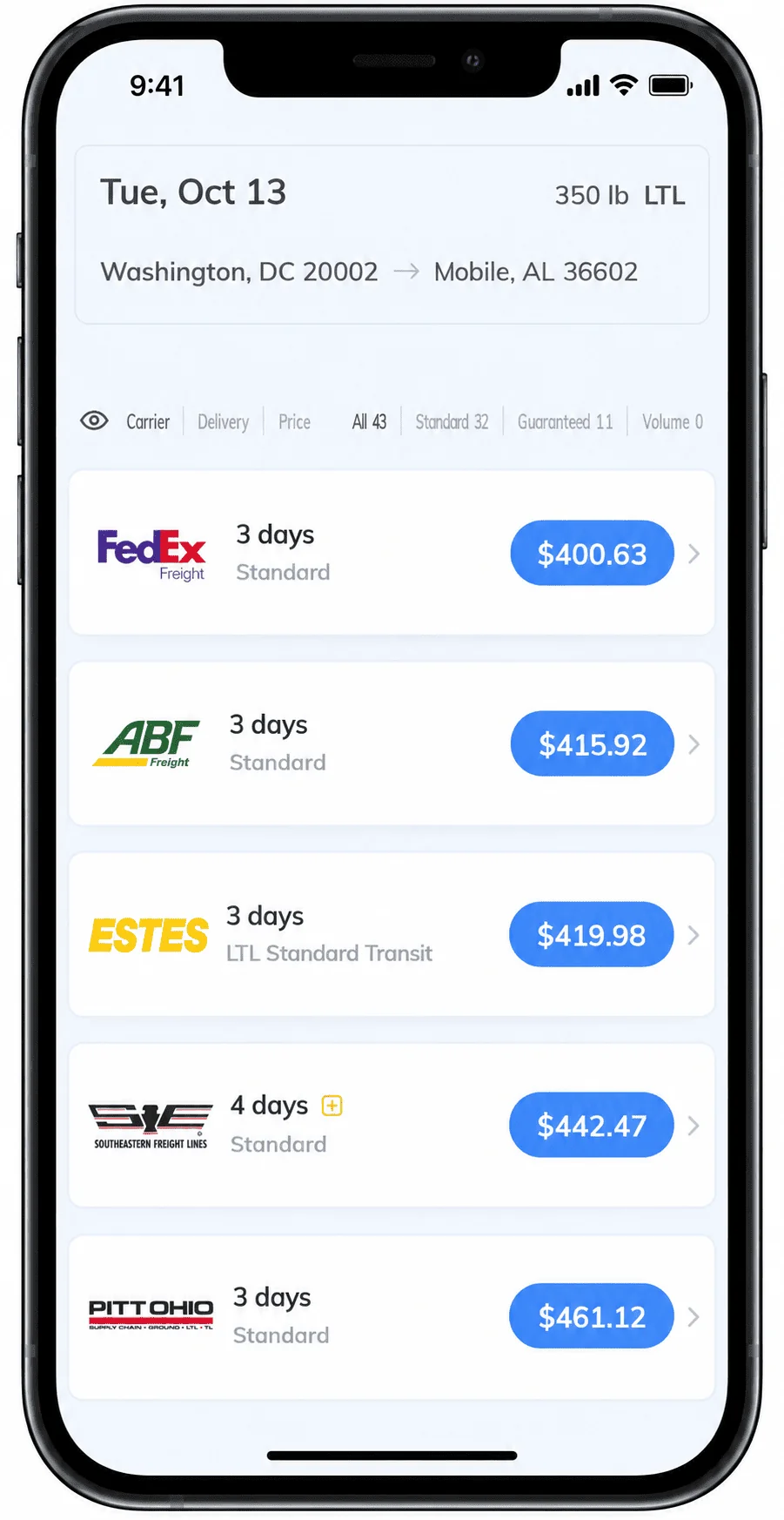 Real Transportli quote results for a 350 lb LTL shipment from Washington, DC to Mobile, AL, showing FedEx Freight at $400.63 (3 days), ABF Freight at $415.92 (3 days), Estes at $419.98 (3 days), Southeastern Freight Lines at $442.47 (4 days), and Pitt Ohio at $461.12 (3 days), out of 43 total carrier options.