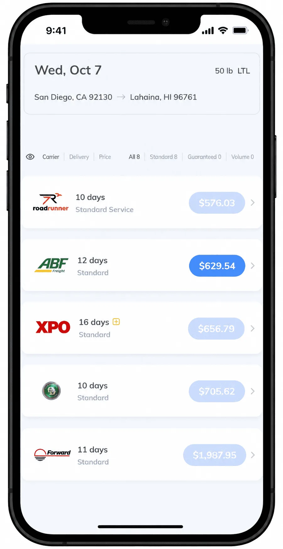 Real Transportli quote results for a 50 lb LTL shipment from San Diego, CA to Lahaina, HI, showing Roadrunner Freight at $576.03 (10 days), ABF Freight at $629.54 (12 days), XPO at $656.79 (16 days), Old Dominion Freight Line at $705.62 (10 days), and Forward Air at $1,987.95 (11 days), out of 8 total carrier options.