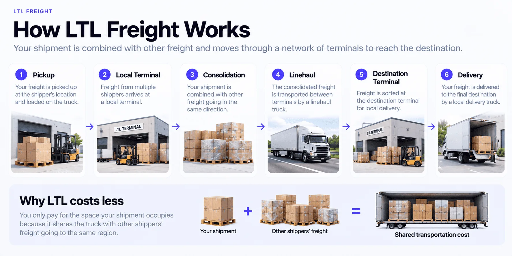 How LTL freight works: pickup at the shipper's location, local terminal, consolidation with other shippers' freight, linehaul between terminals, destination terminal, and final delivery. Why LTL costs less: you only pay for the space your shipment occupies because it shares the truck with other shippers' freight going to the same region