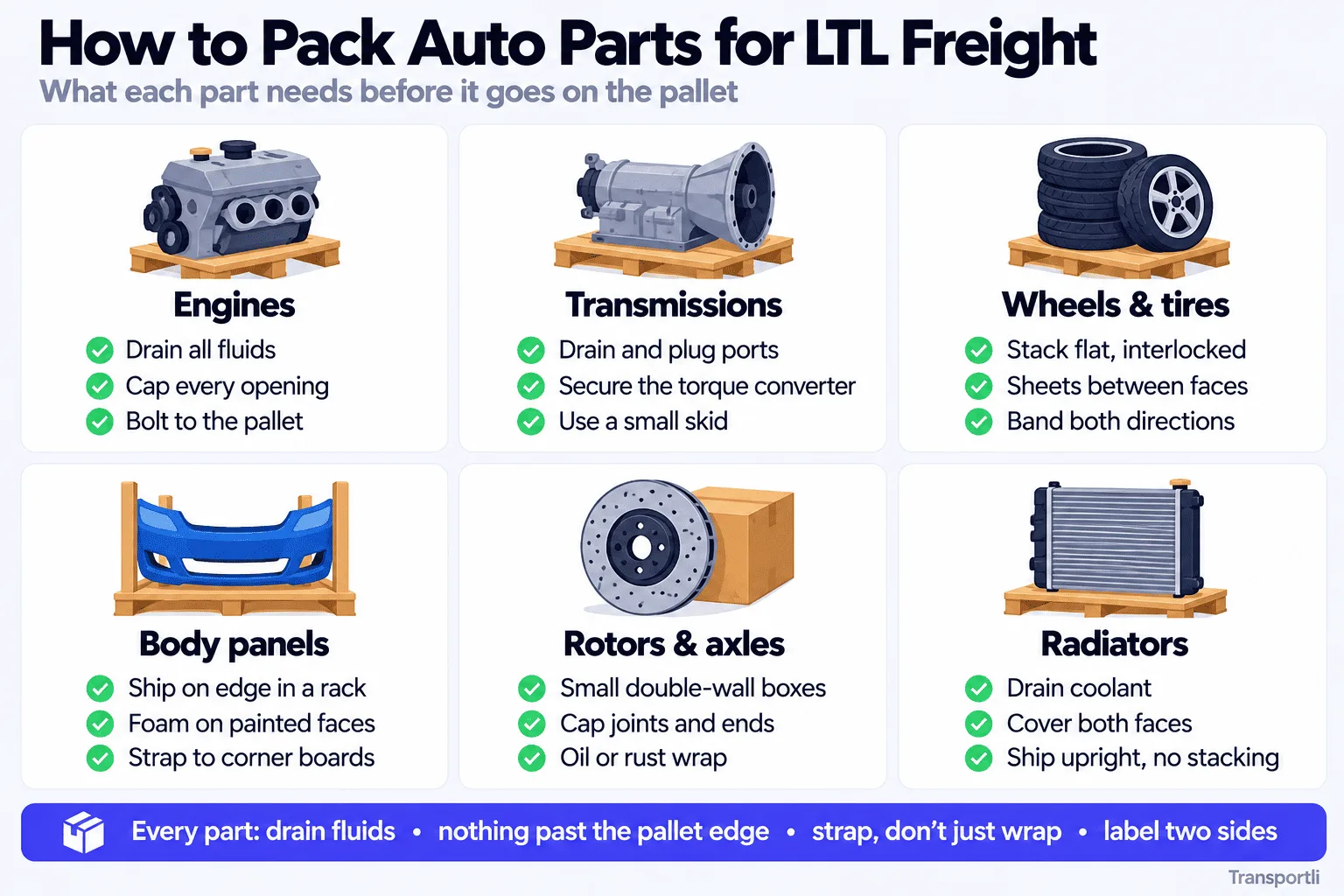 How to pack auto parts for LTL freight: engines (drain all fluids, cap every opening, bolt to the pallet), transmissions (drain and plug ports, secure the torque converter, use a small skid), wheels and tires, body panels, rotors and axles, and radiators