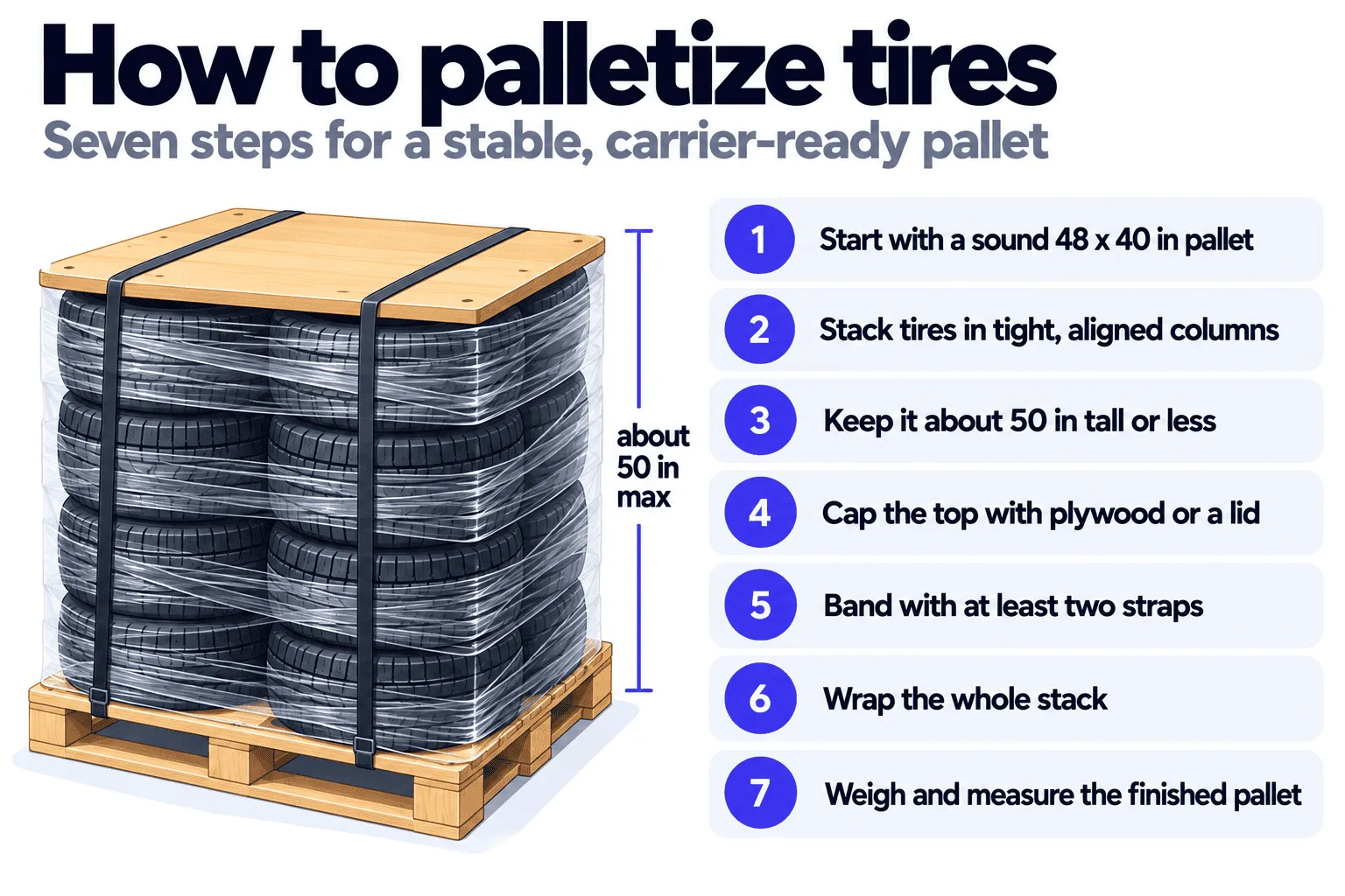 Seven steps to palletize tires: a sound 48 by 40 inch pallet, tight aligned columns, about 50 inches tall or less, a plywood cap, at least two straps, stretch wrap, and weighing and measuring the finished pallet