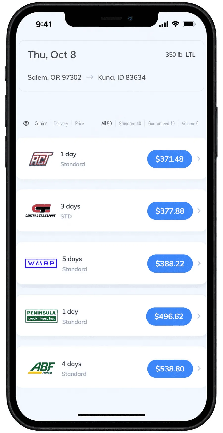 Real Transportli quote results for a 350 lb LTL shipment from Salem, OR to Kuna, ID, showing AAA Cooper Transportation at $371.48 (1 day), Central Transport at $377.88 (3 days), Warp at $388.22 (5 days), Peninsula Truck Lines at $496.62 (1 day), and ABF Freight at $538.80 (4 days), out of 50 total carrier options.