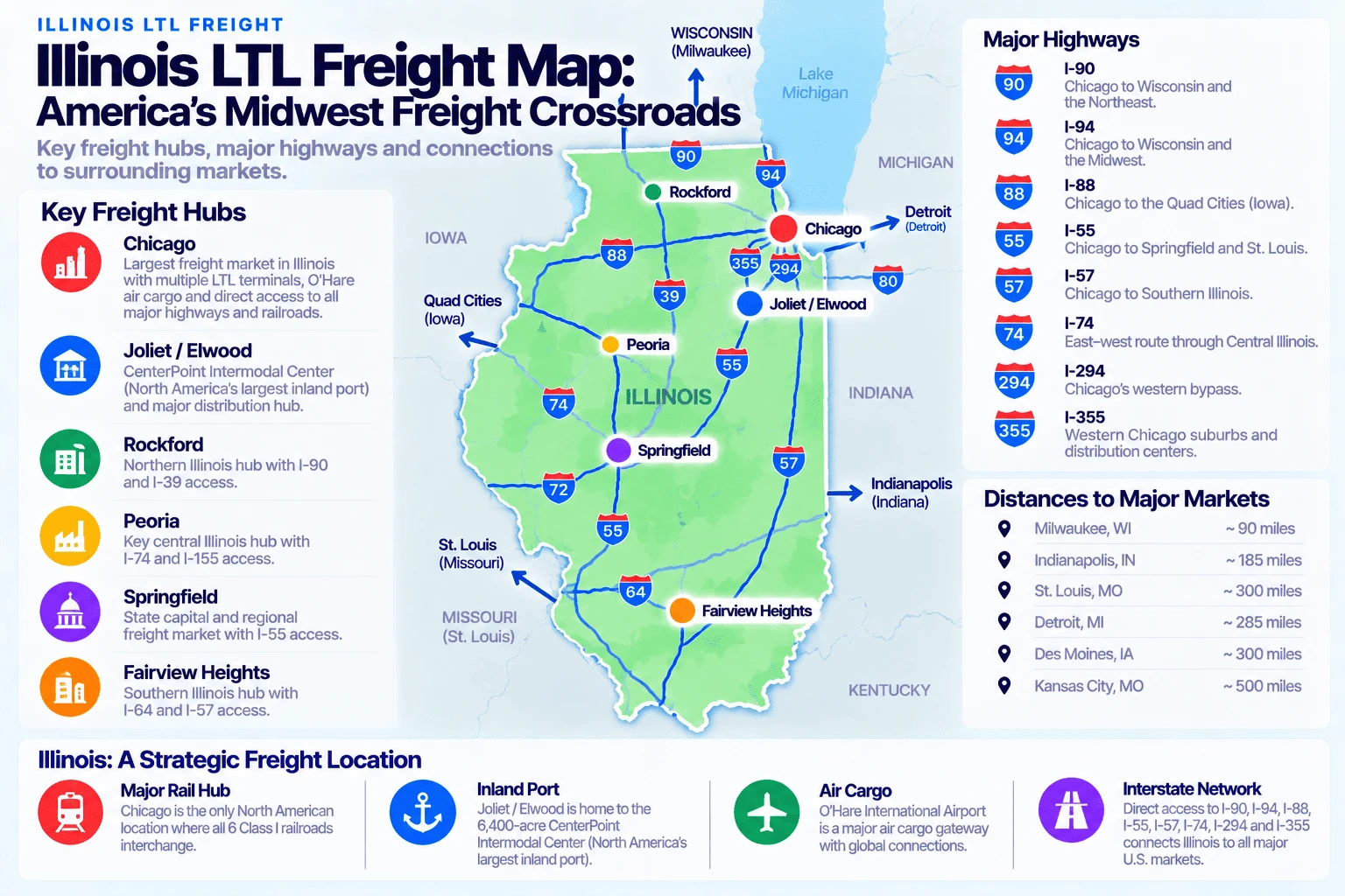 Illinois LTL freight map showing key freight hubs Chicago (largest freight market with multiple LTL terminals, O'Hare air cargo, and direct access to all major highways and railroads), Joliet/Elwood (CenterPoint Intermodal Center, North America's largest inland port, and major distribution hub), Rockford (northern Illinois hub with I-90 and I-39 access), Peoria (key central Illinois hub with I-74 and I-155 access), Springfield (state capital and regional freight market with I-55 access), and Fairview Heights (southern Illinois hub with I-64 and I-57 access). Major highways: I-90 and I-94 connect Chicago to Wisconsin, the Northeast, and the Midwest; I-88 connects Chicago to the Quad Cities; I-55 connects Chicago to Springfield and St. Louis; I-57 connects Chicago to Southern Illinois; I-74 is an east-west route through Central Illinois; I-294 is Chicago's western bypass; I-355 serves the western Chicago suburbs and distribution centers. Distances to major markets: Milwaukee ~90 miles, Indianapolis ~185 miles, St. Louis ~300 miles, Detroit ~285 miles, Des Moines ~300 miles, Kansas City ~500 miles.