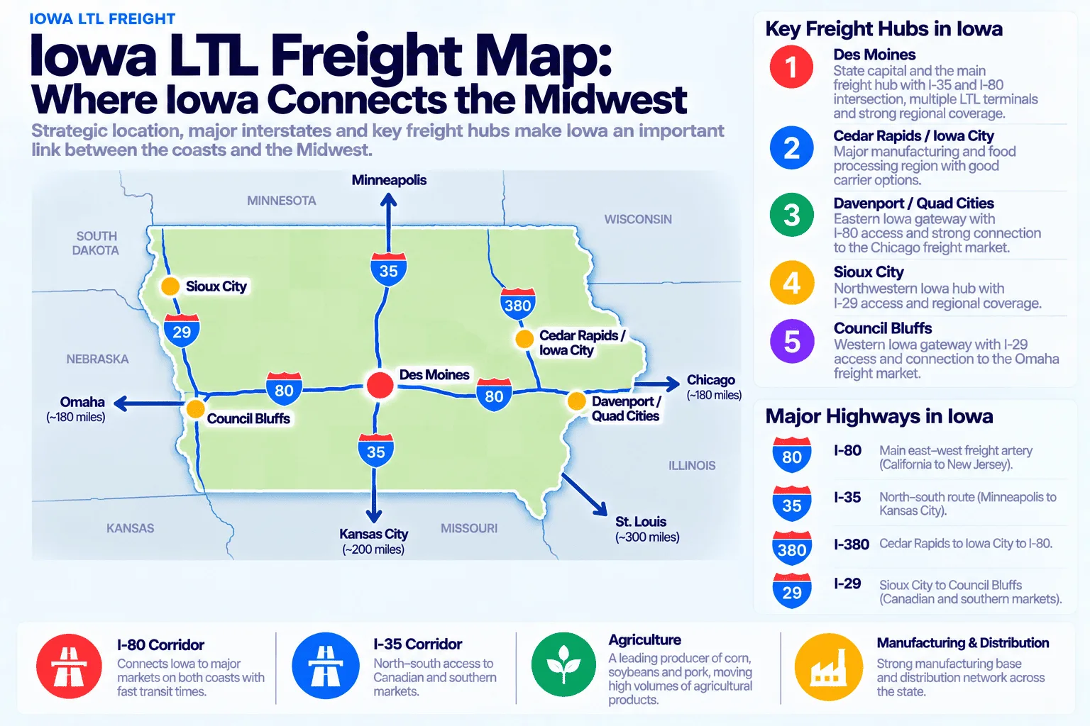 Iowa LTL freight map showing key freight hubs: Des Moines (state capital and main freight hub at the I-35 and I-80 intersection with multiple LTL terminals and strong regional coverage), Cedar Rapids/Iowa City (major manufacturing and food processing region with good carrier options), Davenport/Quad Cities (eastern Iowa gateway with I-80 access and a strong connection to the Chicago freight market), Sioux City (northwestern Iowa hub with I-29 access and regional coverage), and Council Bluffs (western Iowa gateway with I-29 access and connection to the Omaha freight market). Major highways: I-80 is the main east-west freight artery from California to New Jersey; I-35 is the north-south route from Minneapolis to Kansas City; I-380 connects Cedar Rapids to Iowa City to I-80; I-29 runs from Sioux City to Council Bluffs toward Canadian and southern markets. Distances to major markets: Omaha ~180 miles, Chicago ~180 miles, Kansas City ~200 miles, St. Louis ~300 miles, Minneapolis via I-35.