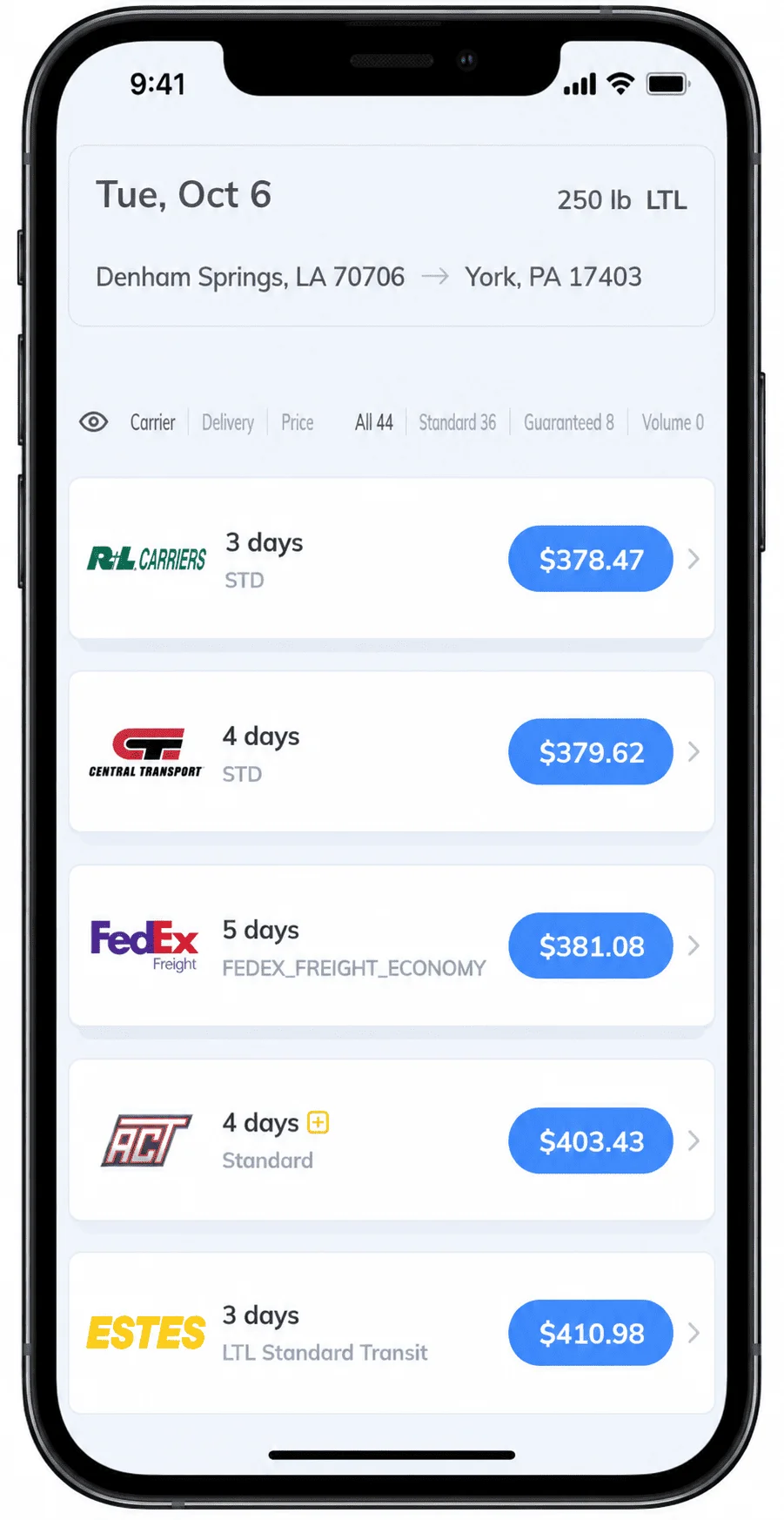 Real Transportli quote results for a 250 lb LTL shipment from Denham Springs, LA to York, PA, showing R+L Carriers at $378.47 (3 days), Central Transport at $379.62 (4 days), FedEx Freight Economy at $381.08 (5 days), AAA Cooper Transportation at $403.43 (4 days), and Estes at $410.98 (3 days), out of 44 total carrier options.