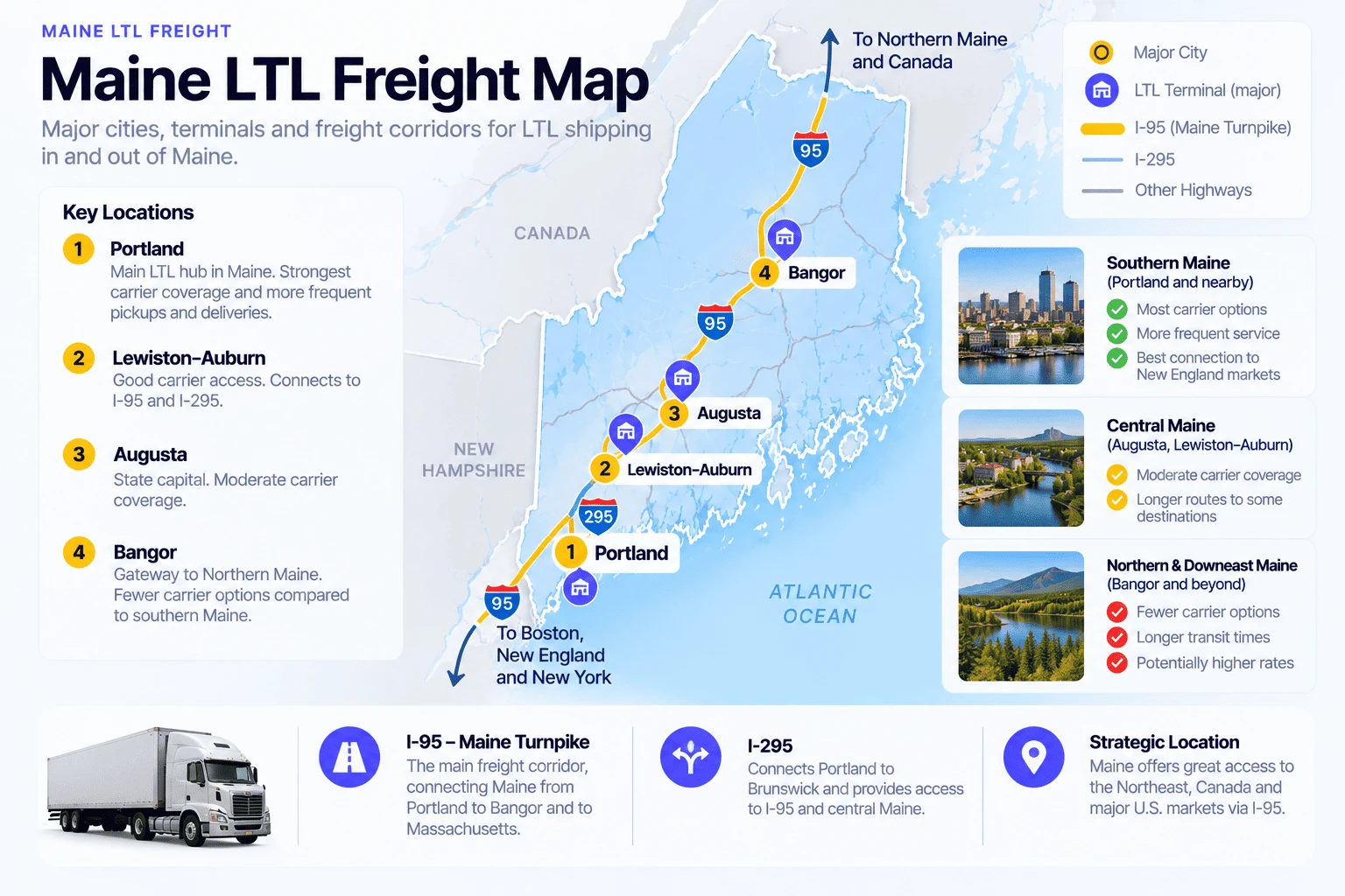 Maine LTL freight map showing major cities and LTL terminals in Portland, Lewiston-Auburn, Augusta, and Bangor, connected by I-95 (the Maine Turnpike) and I-295, with routes to northern Maine and Canada, and to Boston, New England, and New York. Southern Maine near Portland has the most carrier options and best connections; central Maine has moderate coverage; northern and Downeast Maine have fewer carriers, longer transit times, and potentially higher rates.