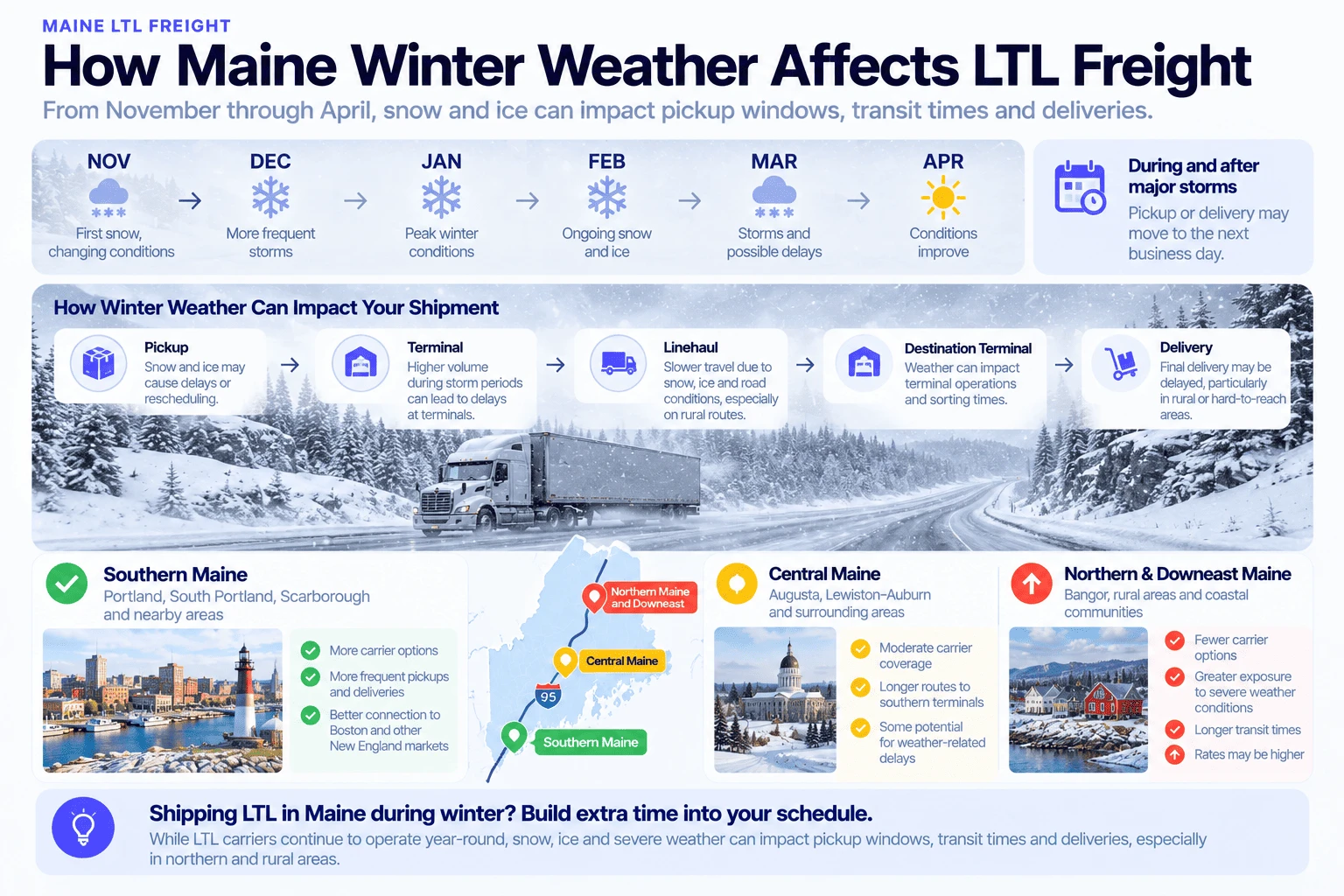 How Maine winter weather affects LTL freight from November through April: first snow in November, more frequent storms in December, peak winter conditions in January, ongoing snow and ice in February, storms and possible delays in March, and improving conditions in April. Winter weather can impact pickup, terminal operations, linehaul travel, destination terminal sorting, and final delivery. Southern Maine has more carrier options and better connections; central Maine has moderate coverage with some weather-related delays; northern and Downeast Maine have fewer carriers, greater exposure to severe weather, longer transit times, and potentially higher rates.