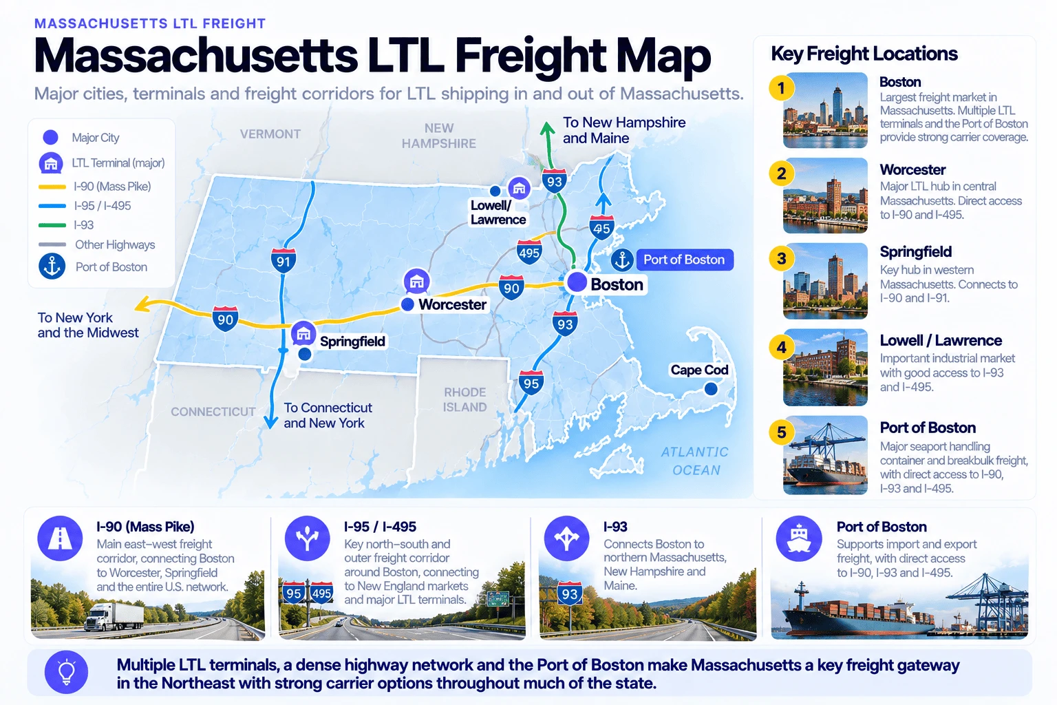 Massachusetts LTL freight map showing major cities and LTL terminals in Boston, Worcester, Springfield, and Lowell/Lawrence, connected by I-90 (the Mass Pike), I-95/I-495, and I-93, with the Port of Boston providing direct access to all three interstates for import and export freight, plus routes to New York, the Midwest, Connecticut, New Hampshire, and Maine