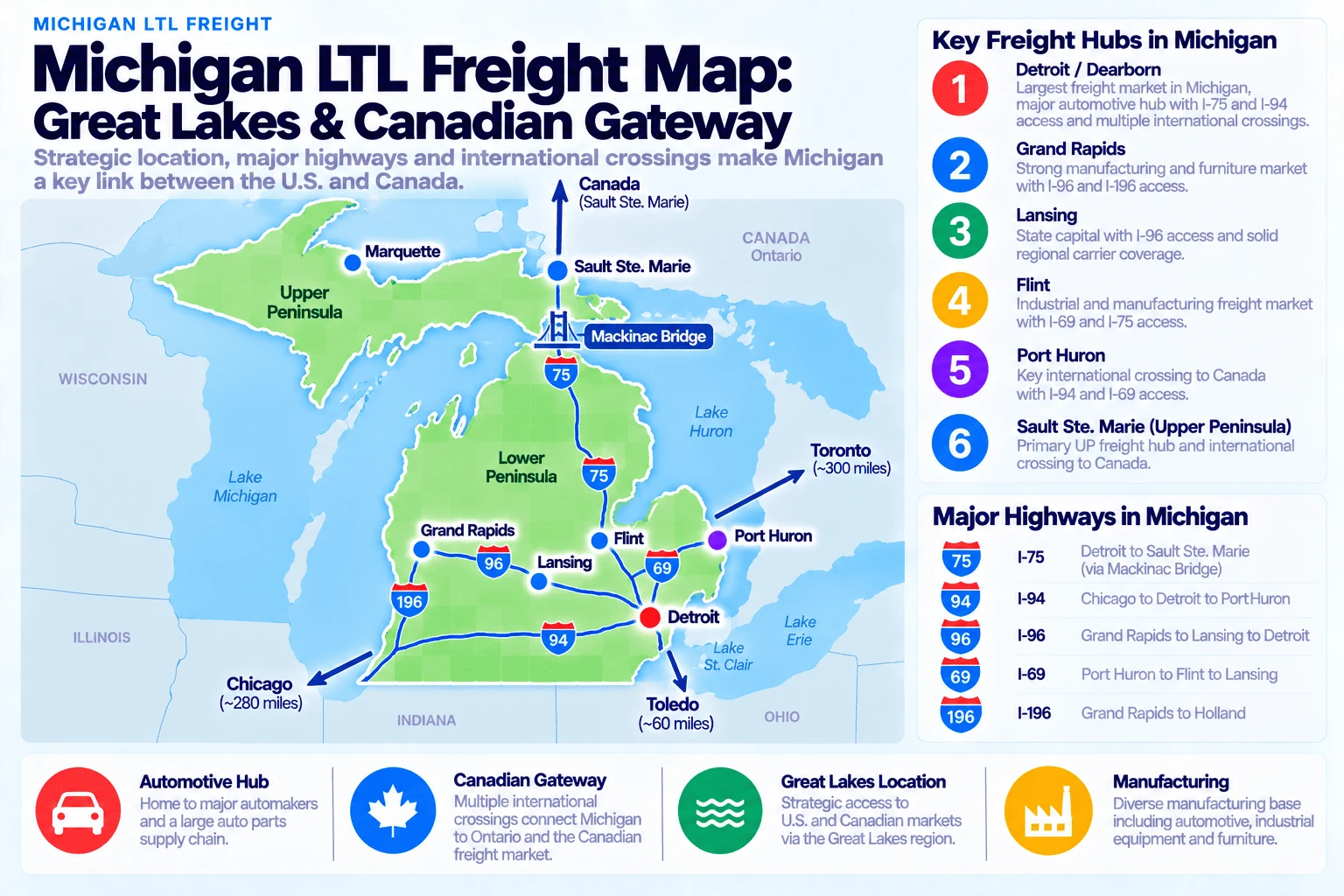 Michigan LTL freight map showing key freight hubs: Detroit/Dearborn (largest freight market in Michigan, major automotive hub with I-75 and I-94 access and multiple international crossings), Grand Rapids (strong manufacturing and furniture market with I-96 and I-196 access), Lansing (state capital with I-96 access and solid regional carrier coverage), Flint (industrial and manufacturing freight market with I-69 and I-75 access), Port Huron (key international crossing to Canada with I-94 and I-69 access), and Sault Ste. Marie (primary Upper Peninsula freight hub and international crossing to Canada). Major highways: I-75 runs from Detroit to Sault Ste. Marie via the Mackinac Bridge; I-94 connects Chicago to Detroit to Port Huron; I-96 runs from Grand Rapids to Lansing to Detroit; I-69 connects Port Huron to Flint to Lansing; I-196 connects Grand Rapids to Holland. Distances to major markets: Chicago ~280 miles, Toronto ~300 miles, Toledo ~60 miles.