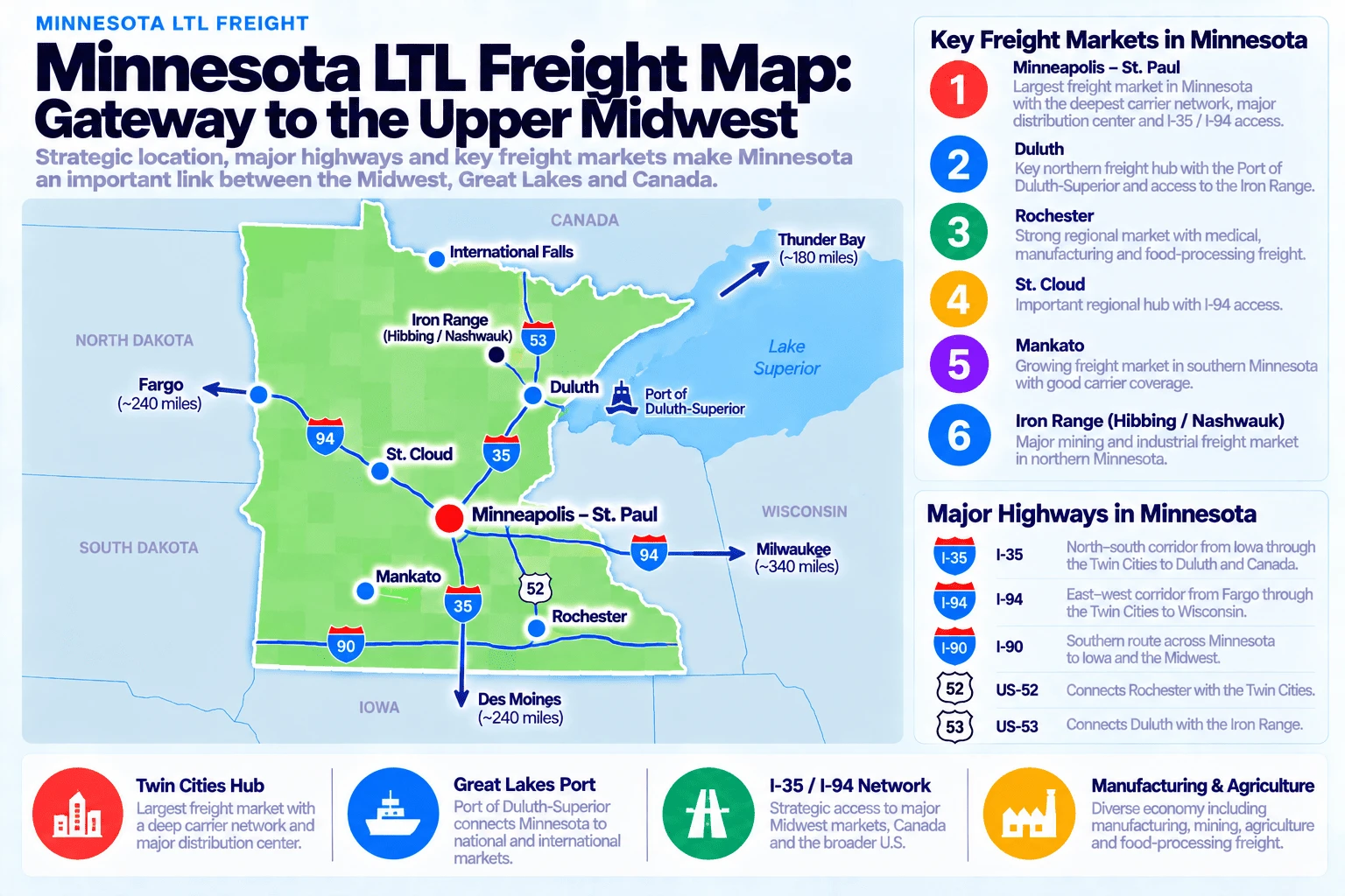 Minnesota LTL freight map showing key freight markets: Minneapolis-St. Paul (largest freight market in Minnesota with the deepest carrier network, major distribution center, and I-35/I-94 access), Duluth (key northern freight hub with the Port of Duluth-Superior and access to the Iron Range), Rochester (strong regional market with medical, manufacturing, and food-processing freight), St. Cloud (important regional hub with I-94 access), Mankato (growing freight market in southern Minnesota with good carrier coverage), and the Iron Range/Hibbing-Nashwauk (major mining and industrial freight market in northern Minnesota). Major highways: I-35 runs north-south from Iowa through the Twin Cities to Duluth and Canada; I-94 runs east-west from Fargo through the Twin Cities to Wisconsin; I-90 crosses southern Minnesota to Iowa and the Midwest; US-52 connects Rochester with the Twin Cities; US-53 connects Duluth with the Iron Range. Distances to major markets: Fargo ~240 miles, Thunder Bay ~180 miles, Milwaukee ~340 miles, Des Moines ~240 miles.
