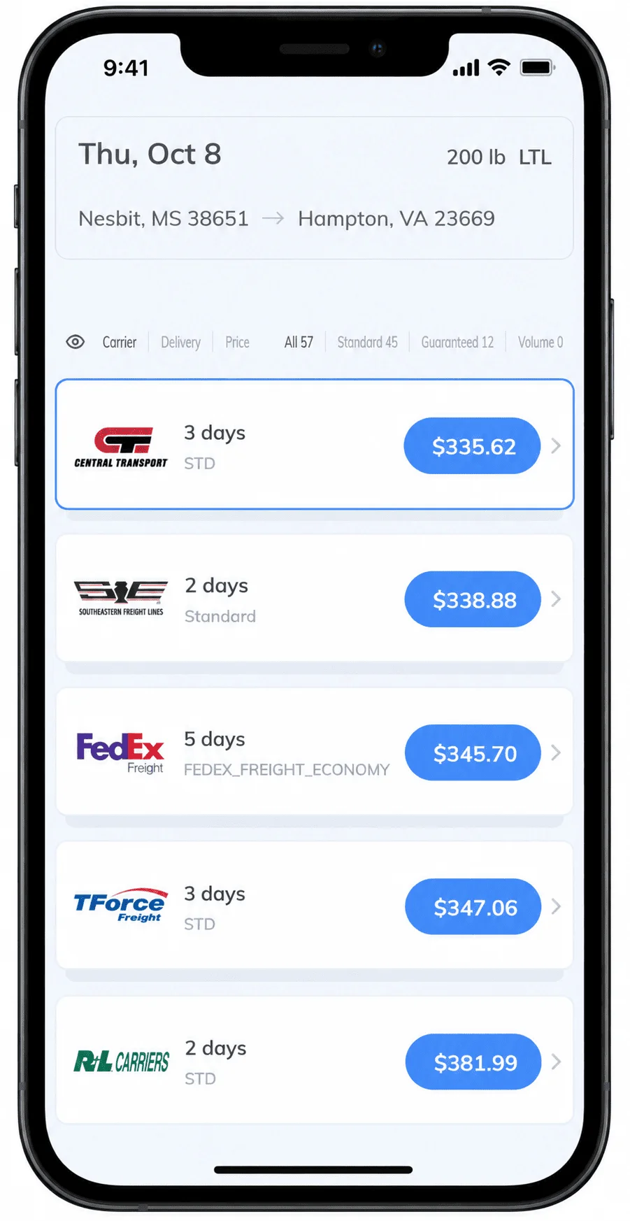 Real Transportli quote results for a 200 lb LTL shipment from Nesbit, MS to Hampton, VA, showing Central Transport at $335.62 (3 days), Southeastern Freight Lines at $338.88 (2 days), FedEx Freight Economy at $345.70 (5 days), TForce Freight at $347.06 (3 days), and R+L Carriers at $381.99 (2 days), out of 57 total carrier options.