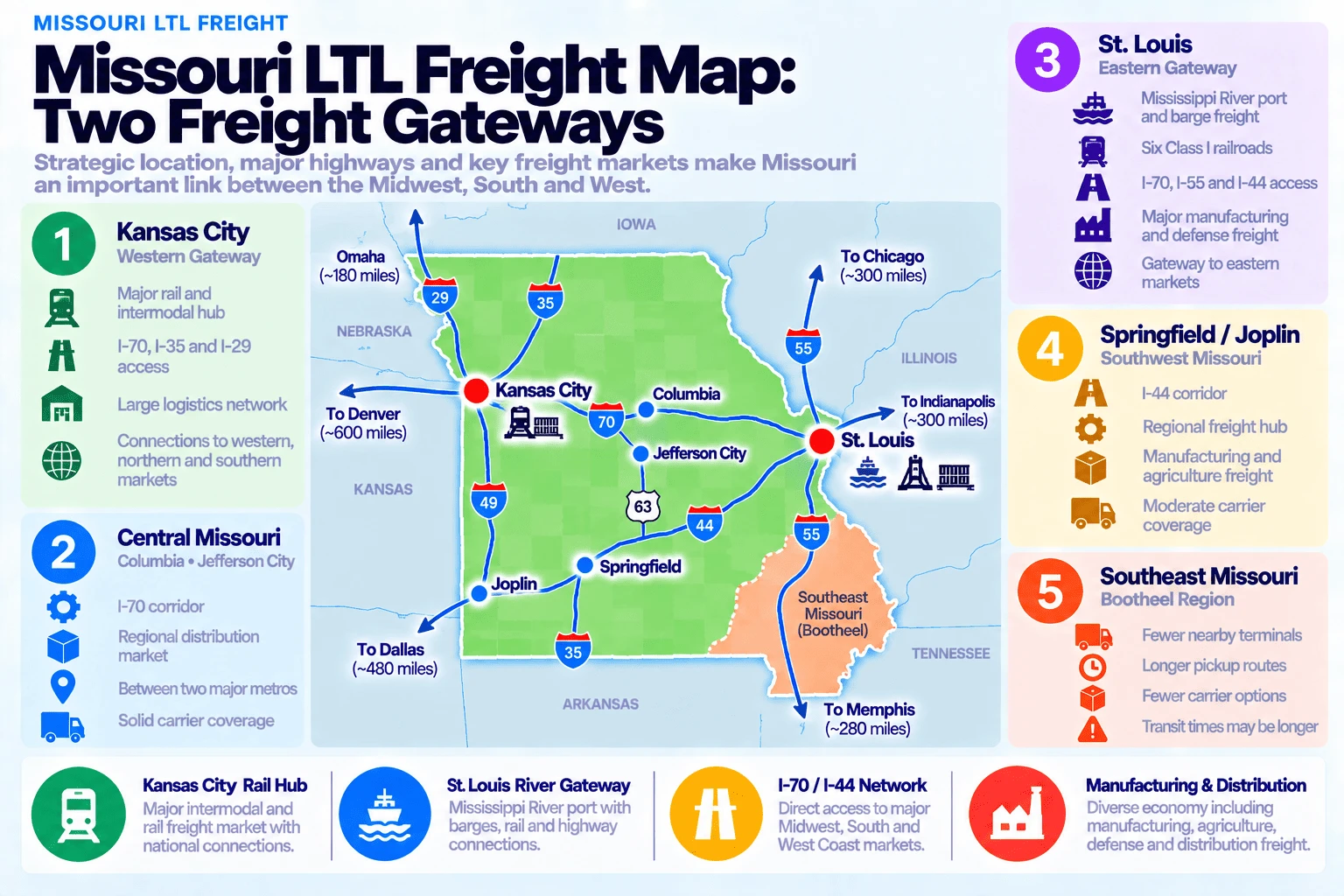 Missouri LTL freight map showing two freight gateways: Kansas City (Western Gateway) with a major rail and intermodal hub, I-70/I-35/I-29 access, a large logistics network, and connections to western, northern, and southern markets; and St. Louis (Eastern Gateway) with a Mississippi River port and barge freight, six Class I railroads, I-70/I-55/I-44 access, major manufacturing and defense freight, and a gateway to eastern markets. Also shows Central Missouri (Columbia/Jefferson City) along the I-70 corridor, Springfield/Joplin in Southwest Missouri along I-44, and Southeast Missouri (Bootheel Region) with fewer nearby terminals and longer pickup routes. Distances to major markets: Omaha ~180 miles, Chicago ~300 miles, Denver ~600 miles, Indianapolis ~300 miles, Dallas ~480 miles, Memphis ~280 miles.