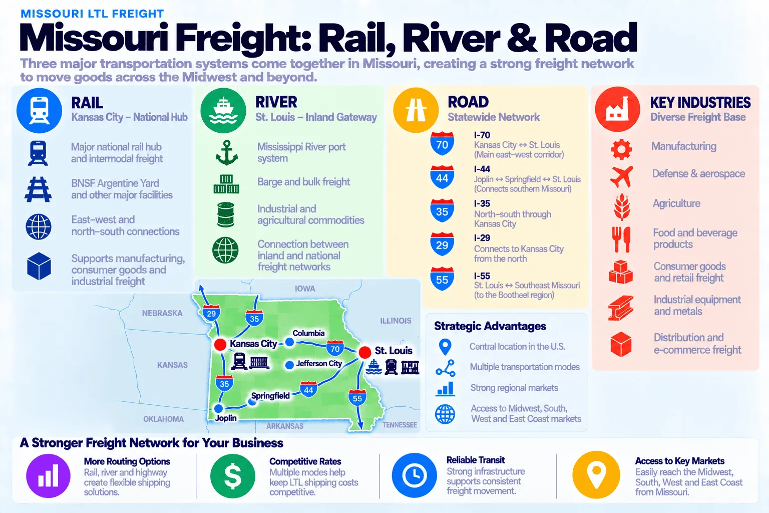 Missouri freight by rail, river, and road: rail (Kansas City, national hub) with a major national rail hub and intermodal freight, BNSF Argentine Yard and other major facilities, east-west and north-south connections, supporting manufacturing, consumer goods, and industrial freight; river (St. Louis, inland gateway) with a Mississippi River port system, barge and bulk freight, industrial and agricultural commodities, and a connection between inland and national freight networks; road (statewide network) via I-70 (Kansas City to St. Louis, the main east-west corridor), I-44 (Joplin to Springfield to St. Louis), I-35 (north-south through Kansas City), I-29 (connects to Kansas City from the north), and I-55 (St. Louis to Southeast Missouri and the Bootheel region); and key industries (a diverse freight base) spanning manufacturing, defense and aerospace, agriculture, food and beverage products, consumer goods and retail freight, industrial equipment and metals, and distribution and e-commerce freight. Strategic advantages: central US location, multiple transportation modes, strong regional markets, and access to Midwest, South, West, and East Coast markets.
