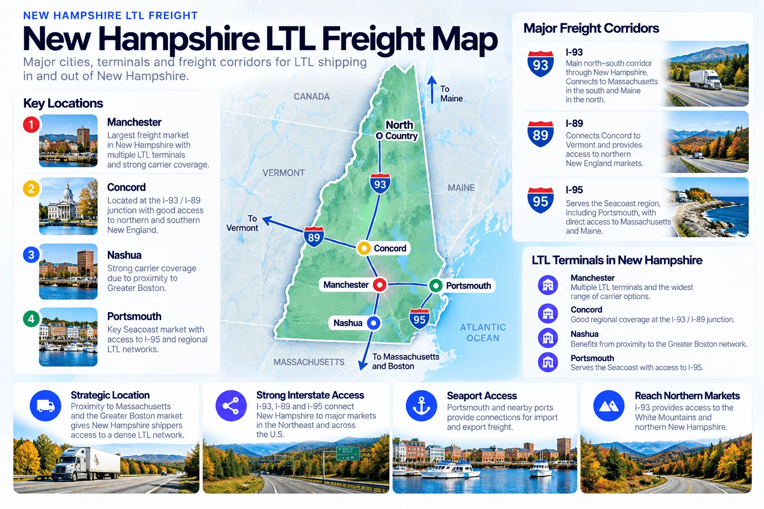 New Hampshire LTL freight map showing major cities and LTL terminals in Manchester, Concord, Nashua, and Portsmouth, connected by I-93, I-89, and I-95, with routes to Massachusetts and Boston, Vermont, Maine, and the White Mountains and North Country. Manchester has the widest range of carrier options; Concord benefits from the I-93/I-89 junction; Nashua benefits from proximity to the Greater Boston network; Portsmouth serves the Seacoast with access to I-95 and nearby ports.