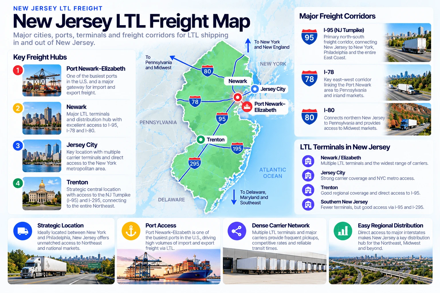 New Jersey LTL freight map showing key freight hubs Port Newark-Elizabeth, Newark, Jersey City, and Trenton, connected by major freight corridors I-95 (the NJ Turnpike), I-78, and I-80. LTL terminals are concentrated in Newark/Elizabeth and Jersey City with the widest range of carriers, Trenton has good regional coverage with direct access to I-95, and Southern New Jersey has fewer terminals but good access via I-95 and I-295.