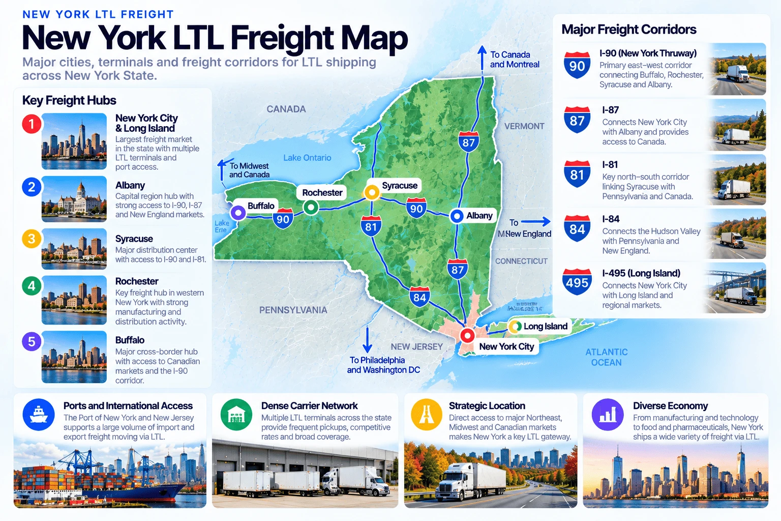 New York LTL freight map showing key freight hubs New York City and Long Island, Albany, Syracuse, Rochester, and Buffalo, connected by major freight corridors I-90 (the New York Thruway), I-87, I-81, I-84, and I-495 (the Long Island Expressway). New York City and Long Island form the largest freight market in the state with multiple LTL terminals and port access; Albany is the Capital Region hub with strong access to I-90 and I-87; Syracuse is a major distribution center at the junction of I-90 and I-81; Rochester is a key western New York hub with strong manufacturing and distribution activity; and Buffalo is a major cross-border hub with access to Canadian markets via the I-90 corridor.