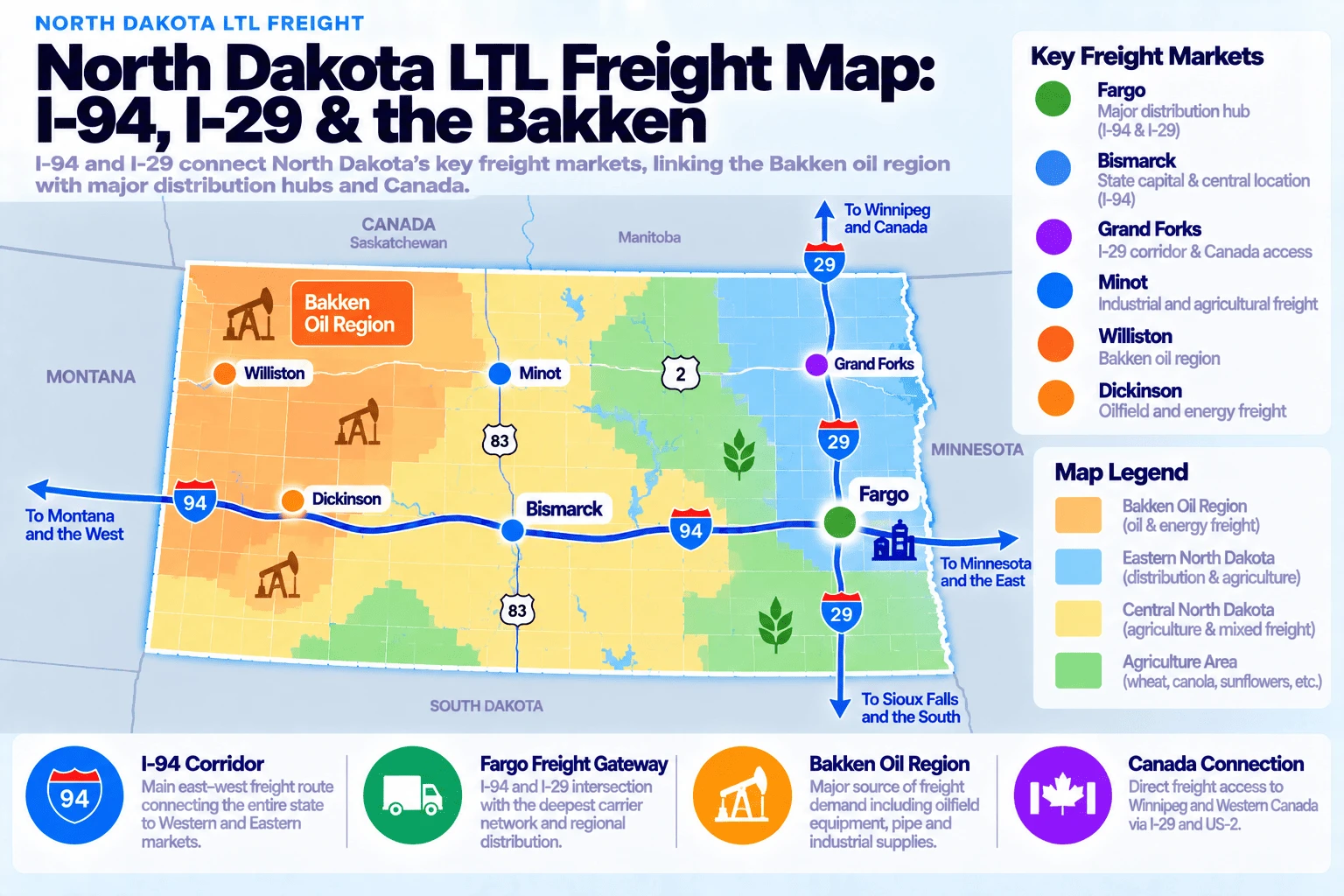 North Dakota LTL freight map showing I-94, I-29, and the Bakken: Fargo (major distribution hub at the I-94 and I-29 intersection with the deepest carrier network), Bismarck (state capital and central location with I-94 access), Grand Forks (I-29 corridor and Canada access), Minot (industrial and agricultural freight), Williston (Bakken oil region), and Dickinson (oilfield and energy freight). The Bakken Oil Region covers western North Dakota with oil and energy freight; eastern North Dakota handles distribution and agriculture; central North Dakota covers agriculture and mixed freight; and the agriculture area produces wheat, canola, and sunflowers. Major routes: I-94 is the main east-west freight route connecting the entire state to western and eastern markets; I-29 runs north-south through Grand Forks and Fargo, providing direct freight access to Winnipeg and western Canada via I-29 and US-2.