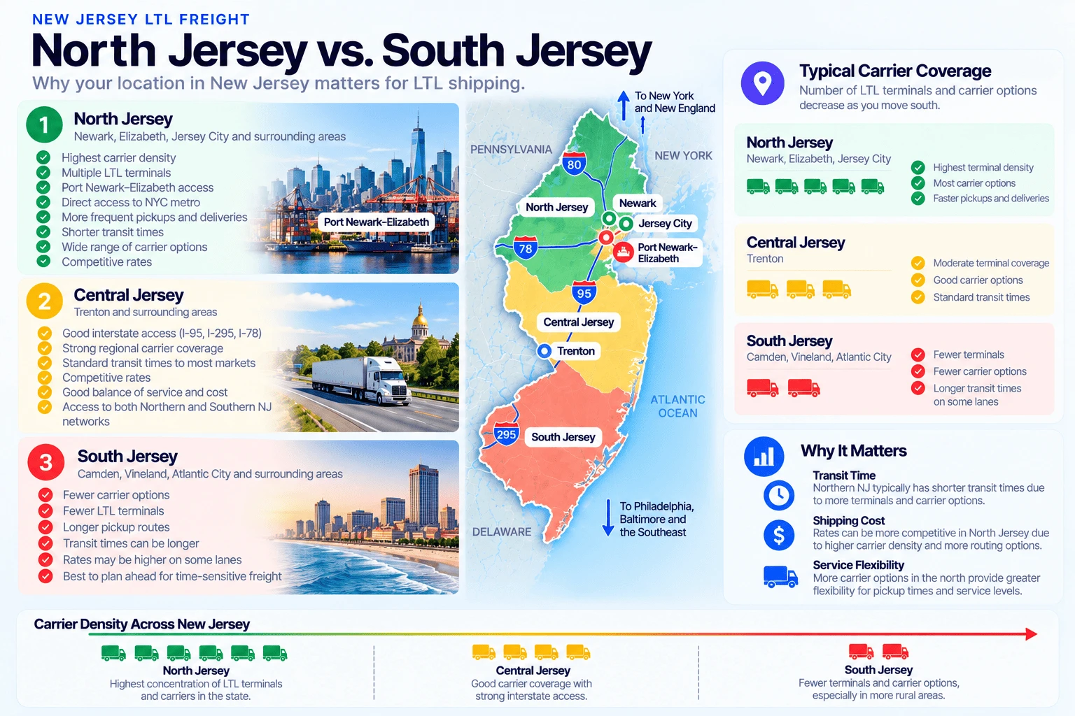 North Jersey vs. South Jersey LTL shipping comparison: North Jersey (Newark, Elizabeth, Jersey City) has the highest carrier density, multiple LTL terminals, Port Newark-Elizabeth access, and the shortest transit times; Central Jersey (Trenton) has moderate terminal coverage with good interstate access via I-95, I-295, and I-78; South Jersey (Camden, Vineland, Atlantic City) has fewer terminals and carrier options, with longer pickup routes, longer transit times, and potentially higher rates on some lanes.