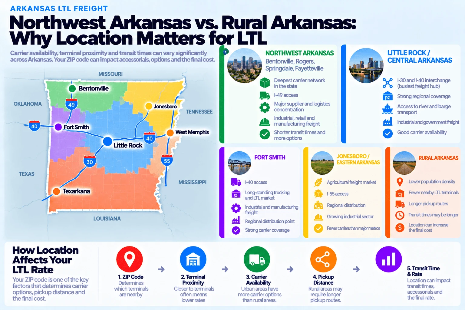 Northwest Arkansas vs rural Arkansas, why location matters for LTL: Northwest Arkansas, covering Bentonville, Rogers, Springdale, and Fayetteville, has the deepest carrier network in the state, I-49 access, a major supplier and logistics concentration, industrial, retail, and manufacturing freight, and shorter transit times with more options; Little Rock and Central Arkansas has the I-30 and I-40 interchange, the busiest freight hub in the state, strong regional coverage, access to river and barge transport, and good carrier availability; Fort Smith has I-40 access, a long-standing trucking and LTL market, industrial and manufacturing freight, a regional distribution point, and strong carrier coverage; Jonesboro and Eastern Arkansas has an agricultural freight market, I-55 access, regional distribution, a growing industrial sector, and fewer carriers than major metros; and Rural Arkansas has lower population density, fewer nearby LTL terminals, longer pickup routes, transit times that may be longer, and a location that can increase the final cost. How location affects your LTL rate: your ZIP code determines which terminals are nearby; terminal proximity means closer to terminals often means lower rates; carrier availability means urban areas have more carrier options than rural areas; pickup distance means rural areas may require longer pickup routes; and transit time and rate means location can impact transit times, accessorials, and the final rate.