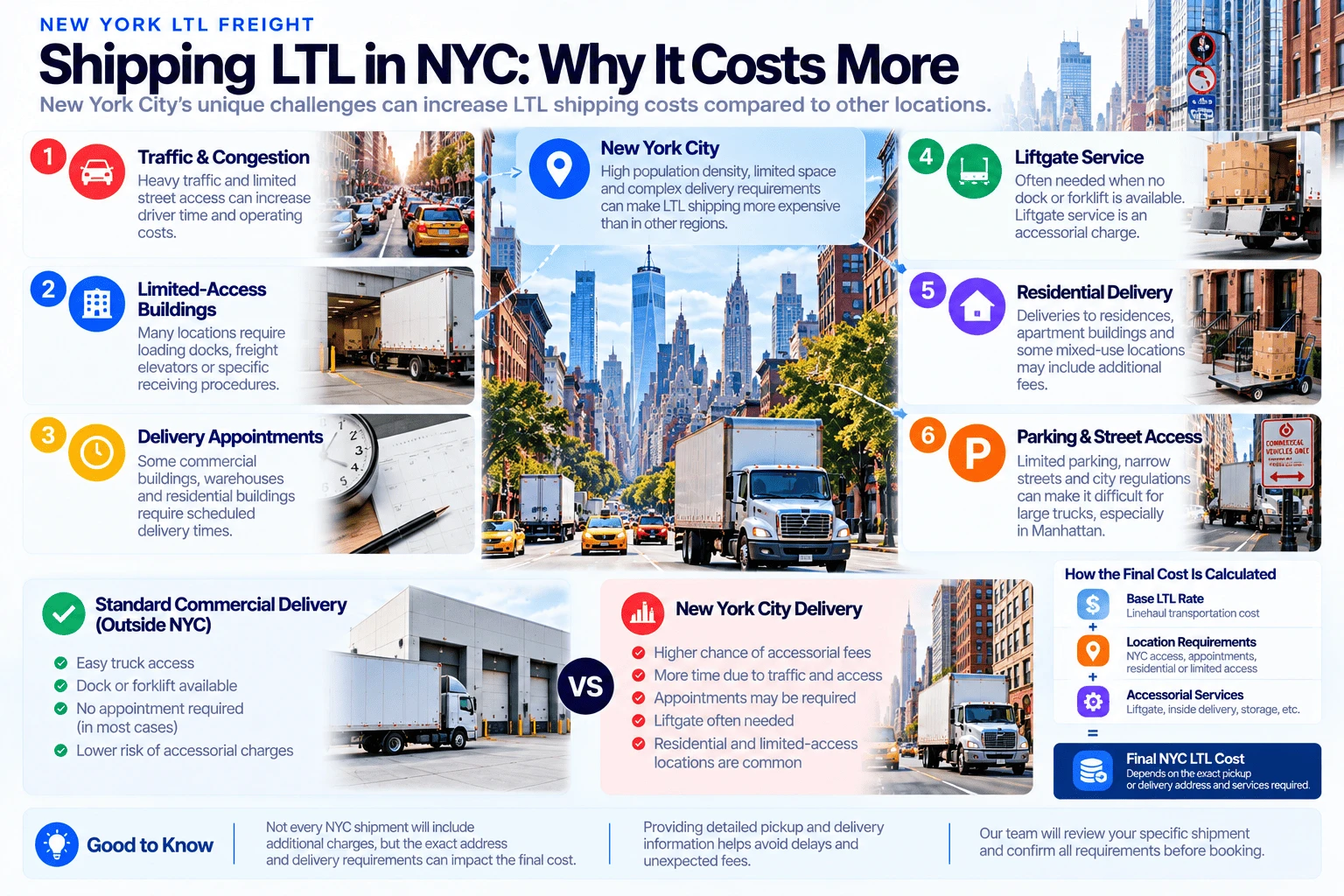 Why shipping LTL in NYC costs more: traffic and congestion slow driver time and raise operating costs; limited-access buildings often require a loading dock, freight elevator, or specific receiving procedure; some commercial buildings and residences require scheduled delivery appointments; liftgate service is needed when no dock or forklift is available; residential and mixed-use deliveries carry additional fees; and limited parking, narrow streets, and city truck regulations slow deliveries, especially in Manhattan. Final NYC LTL cost is the base linehaul rate plus location requirements (access, appointments, residential/limited-access) plus accessorial services (liftgate, inside delivery, storage).