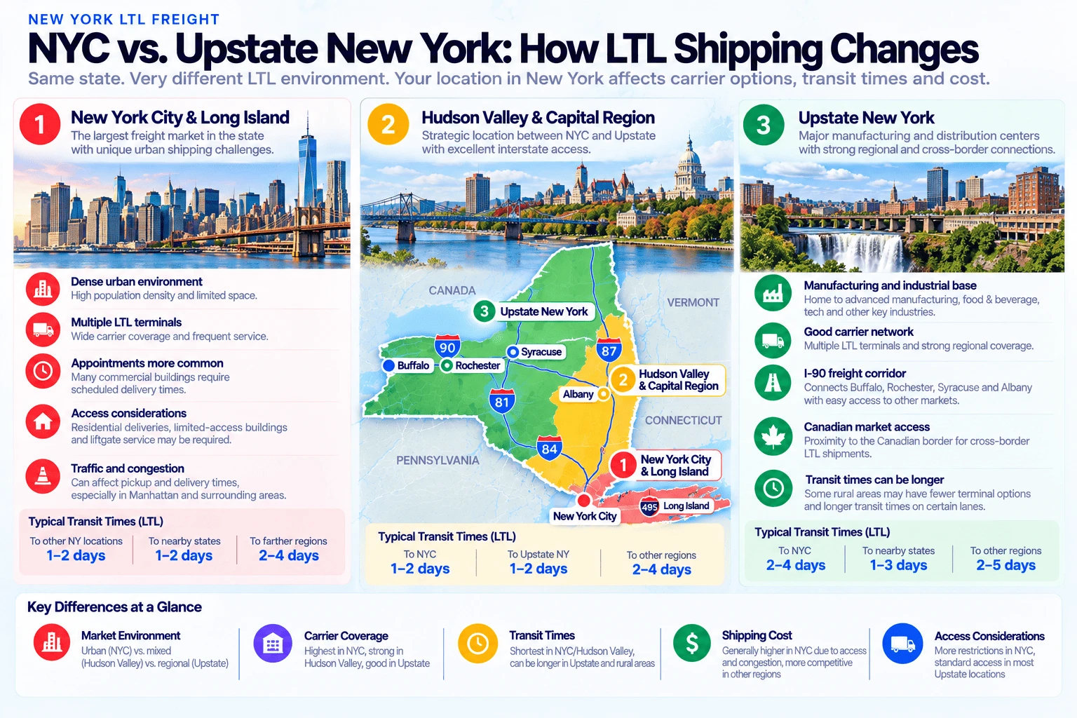NYC vs. Upstate New York LTL shipping comparison: New York City & Long Island is the largest freight market in the state with a dense urban environment, multiple LTL terminals, more common delivery appointments, and traffic/congestion affecting pickup and delivery times, with typical transit times of 1-2 days to other NY locations, 1-2 days to nearby states, and 2-4 days to farther regions; Hudson Valley & Capital Region has a strategic location between NYC and Upstate with excellent interstate access via I-87, I-90, and I-84, with typical transit times of 1-2 days to NYC, 1-2 days to Upstate NY, and 2-4 days to other regions; and Upstate New York (Buffalo, Rochester, Syracuse, Albany) has a strong manufacturing and industrial base, good carrier network along the I-90 freight corridor, and Canadian market access, but transit times can be longer in rural areas — typically 2-4 days to NYC, 1-3 days to nearby states, and 2-5 days to other regions. Shipping cost is generally higher in NYC due to access and congestion, and more competitive in other regions.