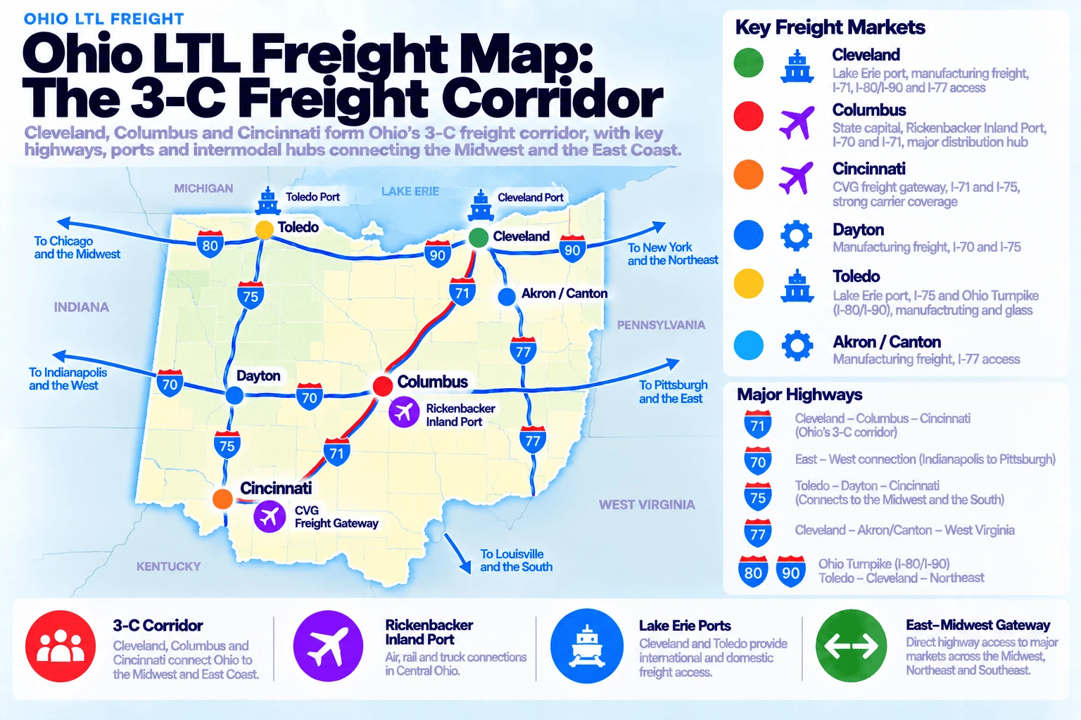 Ohio LTL freight map showing the 3-C freight corridor: Cleveland (Lake Erie port, manufacturing freight, I-71, I-80/90, and I-77 access), Columbus (state capital, Rickenbacker Inland Port, I-70 and I-71, major distribution hub), Cincinnati (CVG freight gateway, I-71 and I-75, strong carrier coverage), Dayton (manufacturing freight, I-70 and I-75), Toledo (Lake Erie port, I-75 and Ohio Turnpike I-80/90, manufacturing and glass), and Akron/Canton (manufacturing freight, I-77 access). Major highways: I-71 connects Cleveland to Columbus to Cincinnati (Ohio's 3-C corridor); I-70 runs east-west connecting Indianapolis to Pittsburgh; I-75 runs Toledo to Dayton to Cincinnati, connecting to the Midwest and the South; I-77 connects Cleveland through Akron/Canton to West Virginia; the Ohio Turnpike (I-80/90) runs Toledo to Cleveland to the Northeast.