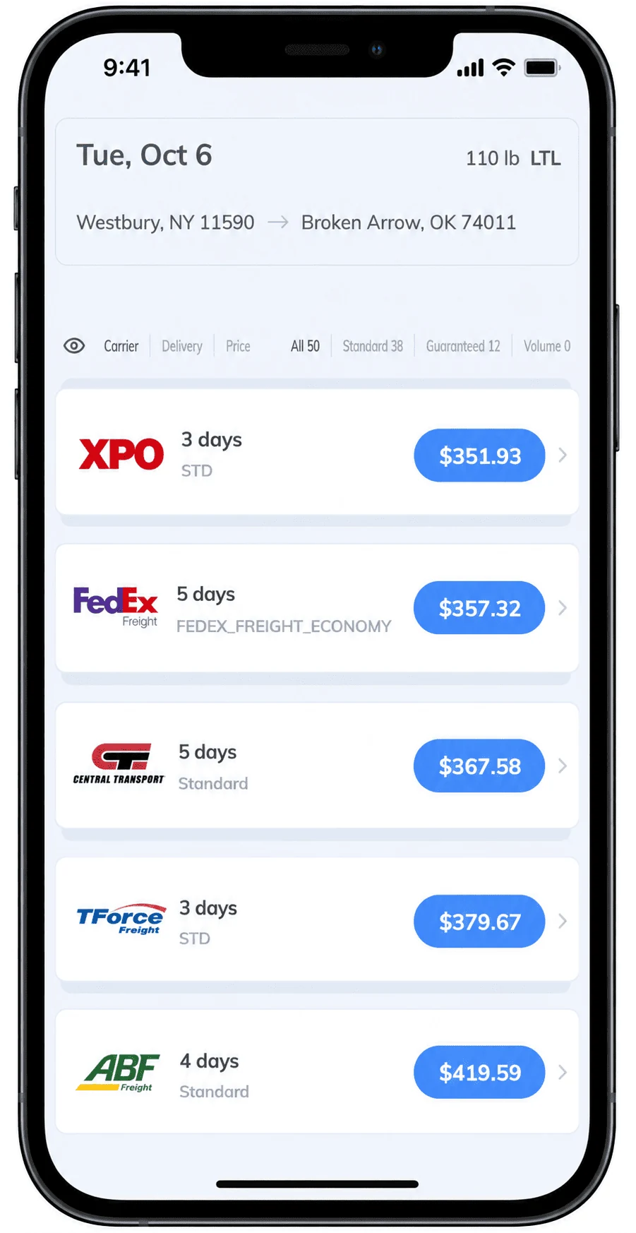 Real Transportli quote results for a 110 lb LTL shipment from Westbury, NY to Broken Arrow, OK, showing XPO at $351.93 (3 days), FedEx Freight Economy at $357.32 (5 days), Central Transport at $367.58 (5 days), TForce Freight at $379.67 (3 days), and ABF Freight at $419.59 (4 days), out of 50 total carrier options.