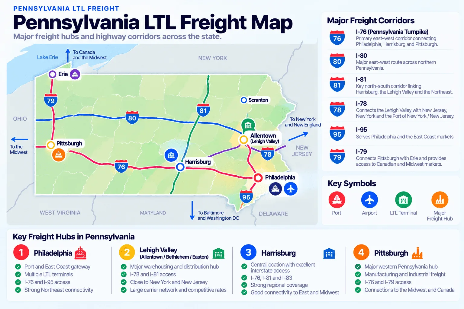 Pennsylvania LTL freight map showing key freight hubs Philadelphia (port and airport), Lehigh Valley/Allentown (LTL terminal), Harrisburg (major freight hub), and Pittsburgh (major freight hub), connected by major freight corridors I-76 (the Pennsylvania Turnpike), I-80, I-81, I-78, I-95, and I-79. Philadelphia is a port and East Coast gateway with multiple LTL terminals and I-76/I-95 access; Lehigh Valley (Allentown/Bethlehem/Easton) is a major warehousing and distribution hub with I-78/I-81 access close to New York and New Jersey; Harrisburg has a central location with excellent interstate access via I-76, I-81, and I-83; and Pittsburgh is a major western Pennsylvania hub for manufacturing and industrial freight with I-76/I-79 access to the Midwest and Canada.