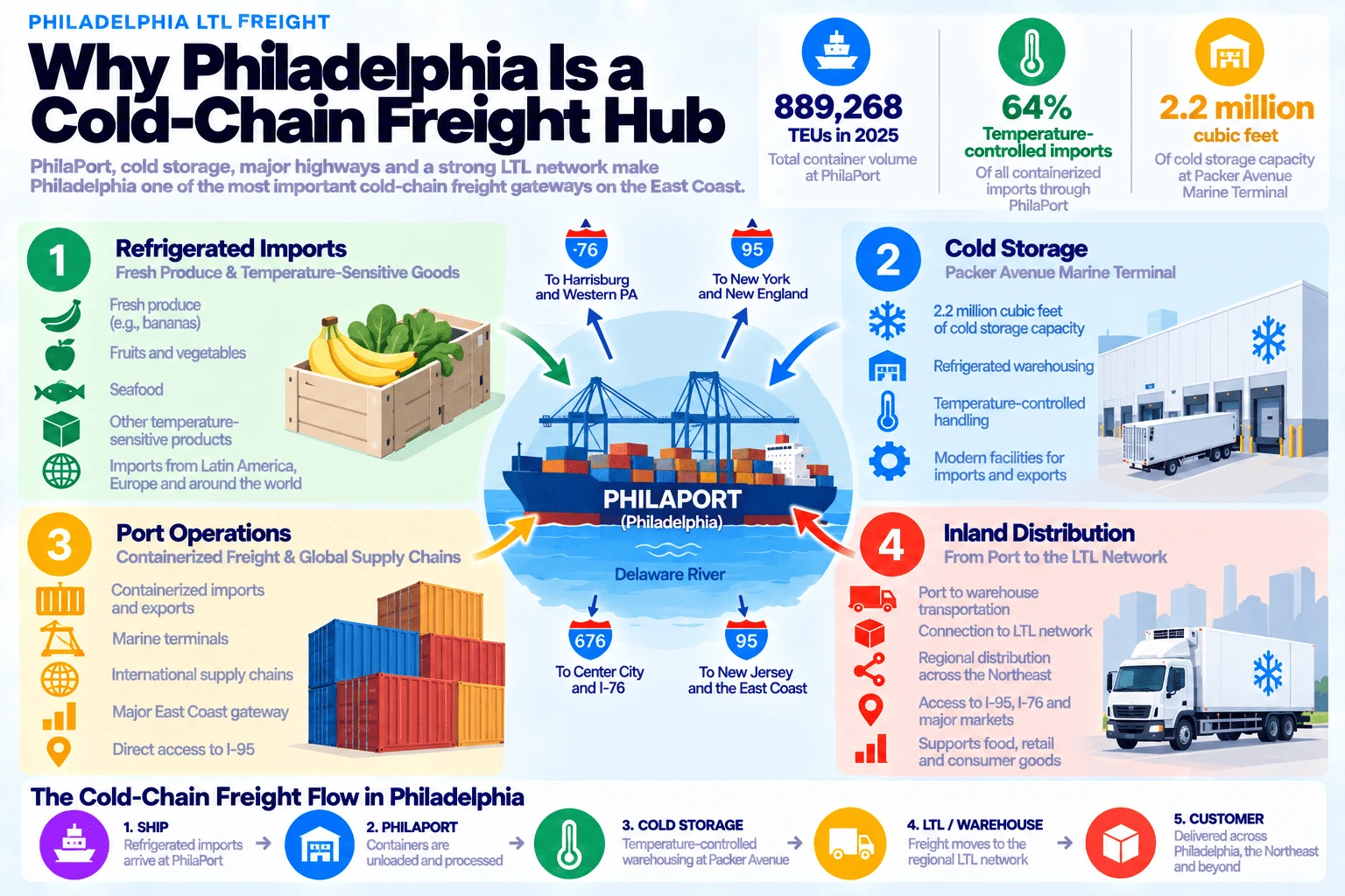 Why Philadelphia is a cold-chain freight hub: PhilaPort handled 889,268 TEUs of total container volume in 2025, with 64% of all containerized imports temperature-controlled and 2.2 million cubic feet of cold storage capacity at the Packer Avenue Marine Terminal. Refrigerated imports include fresh produce like bananas, fruits and vegetables, seafood, and other temperature-sensitive products from Latin America, Europe, and around the world. Cold storage at Packer Avenue Marine Terminal provides refrigerated warehousing, temperature-controlled handling, and modern facilities for imports and exports. Port operations handle containerized imports and exports through marine terminals as a major East Coast gateway with direct I-95 access. Inland distribution moves freight from the port to the LTL network, connecting regional distribution across the Northeast via I-95 and I-76 and supporting food, retail, and consumer goods. The cold-chain freight flow: ships arrive with refrigerated imports, containers are unloaded and processed at PhilaPort, temperature-controlled warehousing happens at Packer Avenue, freight moves to the regional LTL network, and goods are delivered across Philadelphia, the Northeast, and beyond.